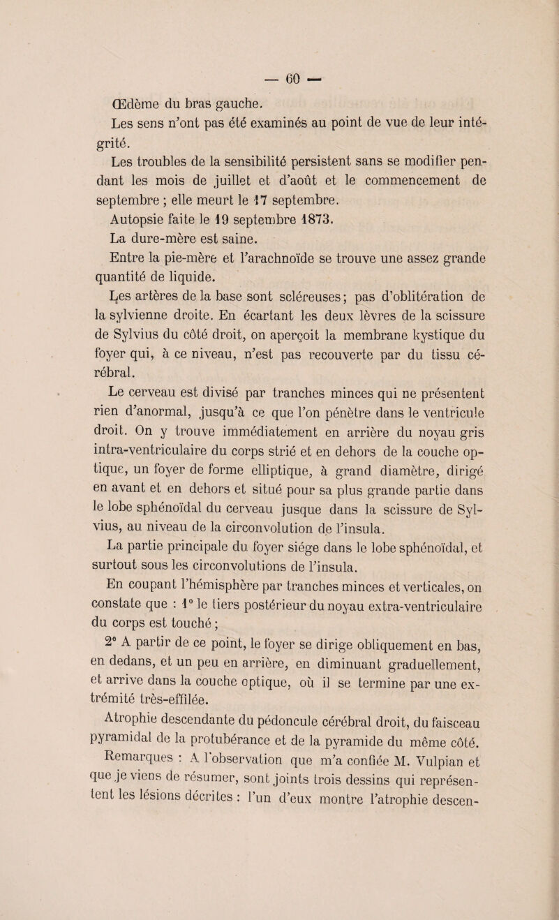 Œdème du bras gauche. Les sens n'ont pas été examinés au point de vue de leur inté¬ grité. Les troubles de la sensibilité persistent sans se modifier pen¬ dant les mois de juillet et d’août et le commencement de septembre ; elle meurt le !7 septembre. Autopsie faite le 19 septembre 1873. La dure-mère est saine. Entre la pie-mère et l’arachnoïde se trouve une assez grande quantité de liquide. Les artères de la base sont scléreuses; pas d’oblitération de la sylvienne droite. En écartant les deux lèvres de la scissure de Sylvius du côté droit, on aperçoit la membrane kystique du foyer qui, à ce niveau, n’est pas recouverte par du tissu cé¬ rébral. Le cerveau est divisé par tranches minces qui ne présentent rien d’anormal, jusqu’à ce que l’on pénètre dans le ventricule droit. On y trouve immédiatement en arrière du noyau gris intra-ventriculaire du corps strié et en dehors de la couche op¬ tique, un foyer de forme elliptique, à grand diamètre, dirigé en avant et en dehors et situé pour sa plus grande partie dans le lobe sphénoïdal du cerveau jusque dans la scissure de Syl¬ vius, au niveau de la circonvolution de l’insu la. La partie principale du foyer siège dans le lobe sphénoïdal, et surtout sous les circonvolutions de l’insula. En coupant l’hémisphère par tranches minces et verticales, on constate que : 1° le tiers postérieur du noyau extra-ventriculaire du corps est touché ; 2e A partir de ce point, le foyer se dirige obliquement en bas, en dedans, et un peu en arrière, en diminuant graduellement, et arrive dans la couche optique, où il se termine par une ex¬ trémité très-effdée. Atrophie descendante du pédoncule cérébral droit, du faisceau pyramidal de la protubérance et de la pyramide du même côté. Remarques : A lobservation que m’a confiée M. Vulpian et que je viens de résumer, sont joints trois dessins qui représen¬ tent les lésions décrites : l’un d’eux montre l’atrophie descen-