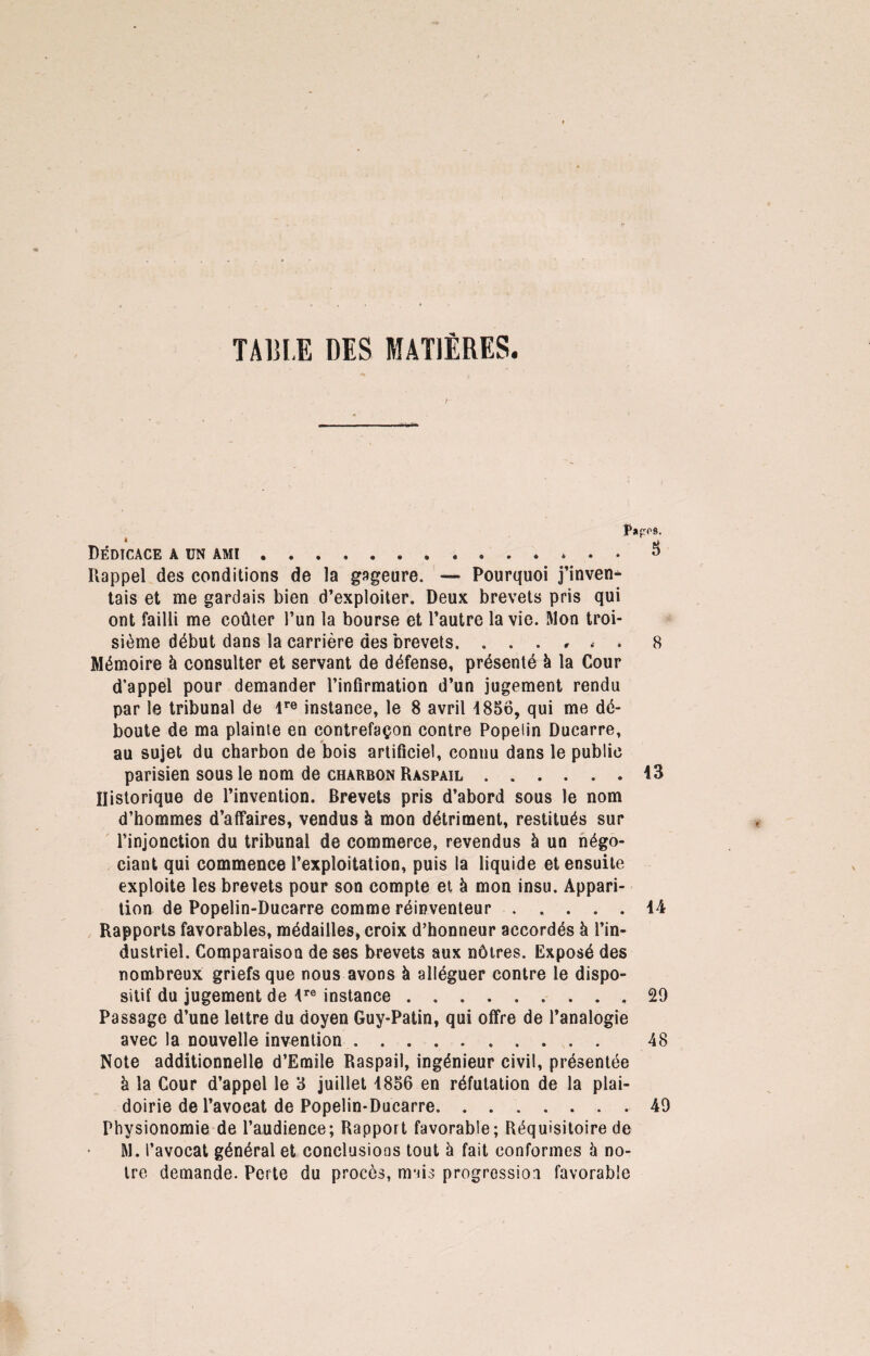 TA1JI.E DES MATIÈRES. £*£09, Dédicace a un ami.*.3 Rappel des conditions de la gageure. — Pourquoi j’inven* tais et me gardais bien d’exploiter. Deux brevets pris qui ont failli me coûter l’un la bourse et l’autre la vie. Mon troi¬ sième début dans la carrière des brevets. ...,.* 8 Mémoire à consulter et servant de défense, présenté à la Cour d’appel pour demander l’infirmation d’un jugement rendu par le tribunal de lre instance, le 8 avril 1856, qui me dé¬ boute de ma plainte en contrefaçon contre Popelin Ducarre, au sujet du charbon de bois artificiel, connu dans le public parisien sous le nom de charbon Raspail ...... 13 Historique de l’invention. Brevets pris d’abord sous le nom d’hommes d’affaires, vendus à mon détriment, restitués sur l’injonction du tribunal de commerce, revendus à un négo¬ ciant qui commence l’exploitation, puis la liquide et ensuite exploite les brevets pour son compte et à mon insu. Appari¬ tion de Popelin-Ducarre comme réinventeur.44 Rapports favorables, médailles, croix d’honneur accordés à l’in¬ dustriel. Comparaison de ses brevets aux nôtres. Exposé des nombreux griefs que nous avons à alléguer contre le dispo¬ sitif du jugement de 4re instance ......... 29 Passage d’une lettre du doyen Guy-Patin, qui offre de l’analogie avec la nouvelle invention. 48 Note additionnelle d’Emile Raspail, ingénieur civil, présentée à la Cour d’appel le 3 juillet 4856 en réfutation de la plai¬ doirie de l’avocat de Popelin-Ducarre.49 Physionomie de l’audience; Rapport favorable; Réquisitoire de M. l’avocat général et conclusioos tout à fait conformes à no¬ tre demande. Perte du procès, mais progression favorable