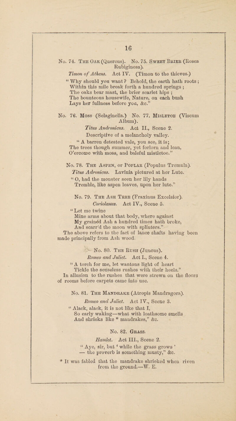 No. 74. The Oak. (Quercus). No. 75. Sweet Brier (Rosea Rubiginosa). Timon of Athens. Act IV. (Timon to the thieves.) “ Why should you want ? Behold, the earth hath roots ; Within this mile break forth a hundred springs ; The oaks bear mast, the brier scarlet hips ; The bounteous housewife, Nature, on each bush Lays her fullness before yon, &c.” No. 76. Moss (Selaginella.) No. 77. Misletoe (Viscum Album). Titus Andronicus. Act II., Scene 2. Descriptive of a melancholy valley. “ A barren detested vale, you see, it is; The trees though summer, yet forlorn and lean, O’ercome with moss, and baleful mistletoe.” No. 78. The Aspen, or Poplar (Populus Tremula). Titus Adronicus. Lavinia pictured at her Lute. “ 0, had the monster seen her lily hands Tremble, like aspen leaves, upon her lute.” No. 79. The Ash Tree (Fraxinus Excelsior). Coriolanus. Act IV., Scene 5. “ Let me twine Mine arms about that body, where against My grained Ash a hundred times hath broke, And scarr'd the moon with splinters.” The above refers to the fact of lance shafts having been made principally from Ash wood. - No. 80. The Rush (Juncus). Romeo and Juliet. Act I., Scene 4. “ A torch for me, let wantons light of heart Tickle the senseless rushes with their heels.” In allusion to the rushes that were strewn on the floors of rooms before carpets came into use. No. 81. The Mandrake (Atropis Mandragora). Romeo and Juliet. Act IV., Scene 3. “ Alack, alack, it is not like that I, So early waking—what with loathsome smells And shrieks like * mandrakes,” &c. No. 82. Grass. Hamlet. Act III., Scene 2. “ Aye, sir, but * while the grass grows ’ — the proverb is something musty,” &c. * It was fabled that the mandrake shrieked when riven from the ground.—W. E.