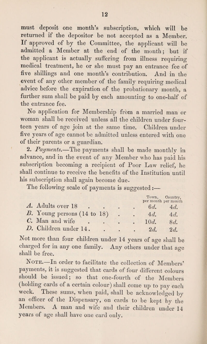 must deposit one month’s subscription, which will be returned if the depositor be not accepted as a Member. If approved of by the Committee, the applicant will be admitted a Member at the end of the month; but if the applicant is actually suffering from illness requiring medical treatment, he or she must pay an entrance fee of five shillings and one month’s contribution. And in the event of any other member of the family requiring medical advice before the expiration of the probationary month, a further sum shall be paid by each amounting to one-half of the entrance fee. No application for Membership from a married man or woman shall be received unless all the children under four¬ teen years of age join at the same time. Children under five years of age cannot be admitted unless entered with one of their parents or a guardian. 2. Payments.—The payments shall be made monthly in advance, and in the event of any Member who has paid his subscription becoming a recipient of Poor Law relief, he shall continue to receive the benefits of the Institution until his subscription shall again become due. The following scale of payments is suggested - A. Adults over 18 B. Young persons (14 to 18) C. Man and wife P>. Children under 14 . Town, Country, per month per month 6 A Aid. Ad. Ad. 10 d. Sd. 2d. 2d. Not more than four children under 14 years of age shall be charged for in any one family. Any others under that age shall be free. Note.—In order to facilitate the collection of Members’ payments, it is suggested that cards of four different colours should be issued; so that one-fourth of the Members (holding cards of a certain colour) shall come up to pay each week. These sums, when paid, shall be acknowledged by an officer of the Dispensary, on cards to be kept by the Members. A man and wife and their children under 14 years of age shall have one card only.
