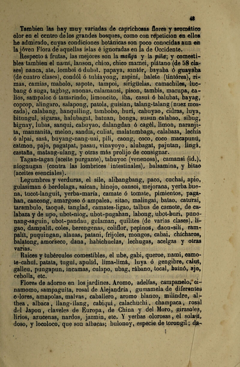 4t También las hay muy variadas de caprichosas ñores y afomátíoo olor en el centro de los grandes bosques, como con répelicion en ellos he admirado, cuyas condiciones botánicas son poco conocidas aun en la jóven Flora de aquellas islas é ignoradas en la de Occidente. Respecto á frutas, las mejores son la manga y la pina; y comesti¬ bles también el naraí, lanson, chico, chico mamei, plátano (de 58 cla¬ ses) nanea, ate, lomboi ó diihat, papaya, santór, bayaba ó guayaba (de cuatro clases), condól ó tubiayong, zapiní, hálete (tintórea), ri^ mas, camias, mabolo, sapote, tampoi, sirigüelas, camachiles, iuc- bang ó suga, tagbag, anonas, calaraansi, pisón, tambis, macupa, ca¬ bos, sampaloc ó tamarindo, limoncito, iba, casui ó balubat, bayag, copeop, alingaro, salapong, patola, guisian, talang-talang (nuez mos¬ cada), calabang, banquiling, tambobo, buri, cabuyao, cidras, luya, bitungul, sigaras, halubagat, batuan, bonga, susun calabao, sibug, bignay, lubas, sanqui, cabuyao, dalangdan ó cagél, limón, naranji- ta, manzanita, melón, sandía, culiat, malatumbaga, calabaza, leenía ó alpai, sasá, buyang-nang-uai, pili, caong, coco, coco macapunú, calmon, pajo, pagatpat, pasau, vinayoyo, alubagat, pajutan, lingá, castaña, matang-ulang, y otras más prolijo de consignar. Tagan-tagan (aceite purgante), tabuyoc (venenosa), camansi (id.), niognugan (contra las lombrices intestinales), balsamina, y bitao (aceites esenciales). Legumbres y verduras, el sile, alibangbang, paco, cuchai, apio, gulasiman ó berdolaga, saican, hinojo, oansoi, mejorana, yerba bue¬ na, tucot-languit, yerba-maría, camate ó tomate, pimientos, paga¬ ban, cancong, amargoso ó ampalea, sitao, malingai, batao, caturai, tarambulo, taoqué, tanglad, camates-ligao, talbus de camote, de ca¬ labaza y de upo, ubot-niog, ubot-pugahan, labong, ubot-buri, puno- nang-saguin, ubot-pandau, gulainan, quilites (de varias clases), li- gao, dampalít, coles, berengenas, coliflor, pepinos, daon-silí, ram- palít, puquingan, alauas, patani, frijoles, mongos, cabai, chícharos, balatong, amorseco, daña, habichuelas, lechugas, acelgas y otras i varias. Raíces y tubérculos comestibles, el ube, gabi, queroe, nami, eamo- te-cahui, patata, tugui, apulíd, lima-limá, luya ó gengibre, calut, galleu, pungapun, incamas, culapo, ubag, rábano, tocal, baíuó, ajo, i cebolla, etc. Flores de adorno en los jardines. Aromo, adelfas, campan«lo,‘oi-r namomo, sampaguita, rosal de Alejandría, gumamela de diferente» C'dores, amapolas, malvas, caballero , aromo blanco, miiindre, al,- thea , albaca, ilang-ilang, cabiqui, calachuchi, champaca, rosal dt'l Japón, claveles de Europa, de China y del Moro, girasolejs, lirios, azucenas, nardos, jazmín, etc. Y yerbas olorosas, el sola^í, doso, y locoloco, que son albacas; bulonoy, especie de torongil; d^-^