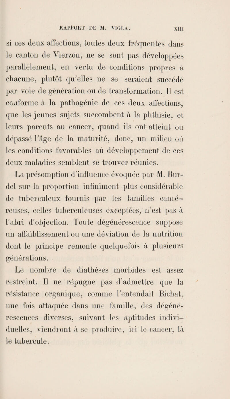 si ces deux affections, toutes deux fréquentes dans le canton de Vierzon, ne se sont pas développées parallèlement, en vertu de conditions propres à chacune, plutôt qu’elles ne se seraient succédé par voie de génération ou de transformation. 11 est conforme à la pathogénie de ces deux affections, que les jeunes sujets succombent à la phthisie, et leurs pareuts au cancer, quand ils ont atteint ou dépassé Fâge de la maturité, donc, un milieu où les conditions favorables au développement de ces deux maladies semblent se trouver réunies. La présomption d’influence évoquée par M. Bur- del sur la proportion infiniment plus considérable de tuberculeux fournis par les familles cancé¬ reuses, celles tuberculeuses exceptées, n’est pas à l’abri d’objection. Toute dégénérescence suppose un affaiblissement ou une dé viation de la nutrition dont le principe remonte quelquefois à plusieurs générations. Le nombre de diathèses morbides est assez restreint. Il ne répugne pas d’admettre que la résistance organique, comme l'entendait Bichat, nue fois attaquée dans une famille, des dégéné¬ rescences diverses, suivant les aptitudes indivi¬ duelles, viendront à se produire, ici le cancer, là le tubercule.