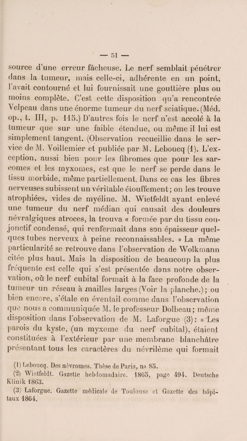 source d’une erreur fâcheuse. Le nerf semblait pénétrer dans la tumeur, mais celle-ci, adhérente en un point, 1 avait contourné et lui fournissait une gouttière plus ou moins complète. C’est cette disposition qu’a rencontrée Velpeau dans une énorme tumeur du nerf sciatique. (Méd. op., t. III, p. 115.) D’ autres fois le nerf n’est accolé à la tumeur que sur une faible étendue, ou meme il lui est simplement tanguent. (Observation recueillie dans le ser¬ vice de M. Voiliemier et publiée par M. Leboucq (1). L’ex¬ ception, aussi bien pour les fibromes que pour les sar¬ comes et les myxomes, est que le nerf se perde dans le tissu morbide, même partiellement. Dans ce cas les fibres nerveuses subissent un véritable étouffement ; on les trouve atrophiées, vides de myéline. M. Wietfeldt ayant enlevé une tumeur du nerf médian qui causait des douleurs névralgiques atroces, la trouva « formée par du tissu con¬ jonctif condensé, qui renfermait dans son épaisseur quel¬ ques tubes nerveux à peine reconnaissables. » La même particularité se retrouve dans l’observation de Wolkmann citée plus haut. Mais la disposition de beaucoup la plus frequente est celle qui s’est présentée dans notre obser¬ vation, où le nerf cubital formait à la face profonde de la tumeur un réseau à mailles larges (Voir la planche.); ou bien encore, s’étale en éventail comme dans l’observation que nous a communiquée M. le professeur Dolbeau; même disposition dans l’observation de M. Laforgue (3): «'Les parois du kyste, (un myxome du nerf cubital), étaient constituées à l’extérieur par une membrane blanchâtre présentant tous les caractères du névrilème qui formait (!) Leboucq. Desnévromes. Thèse de Paris, no 85. (â) Wietfeldt, Gazette hebdomadaire. 1865, page 494. Deutsche Klinik 1863. (3) Laforgue. Gazette médicale de Toulouse et Gazette des hôpi¬ taux 1864,