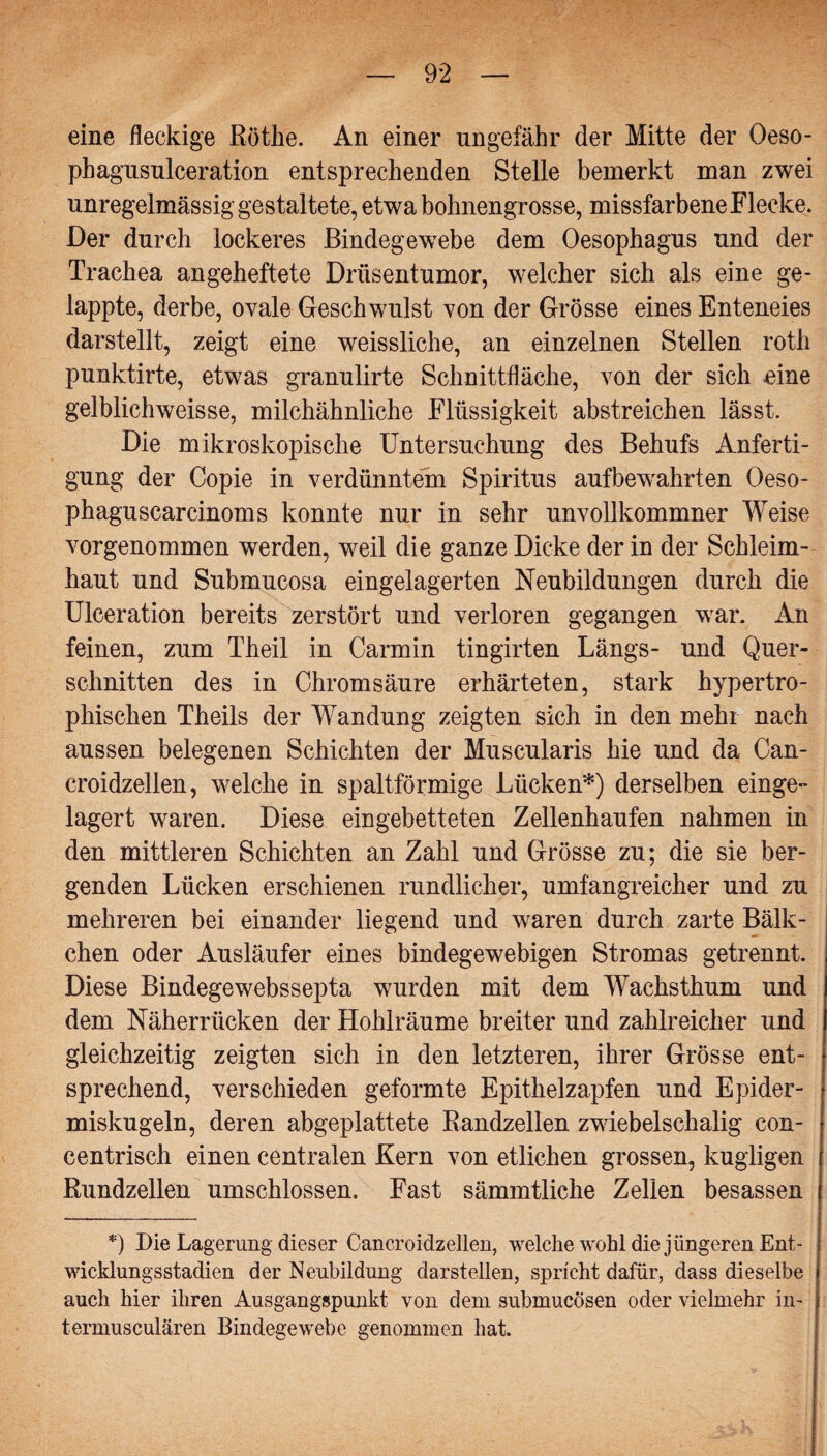 eine fleckige Rötke. An einer ungefähr der Mitte der Oeso- phagusulceration entsprechenden Stelle bemerkt man zwei unregelmässig gestaltete, etwa bohnengrosse, missfarbene Flecke. Der durch lockeres Bindegewebe dem Oesophagus und der Trachea angeheftete Drüsentumor, welcher sich als eine ge¬ lappte, derbe, ovale Geschwulst von der Grösse eines Enteneies darstellt, zeigt eine weissliche, an einzelnen Stellen roth punktirte, etwas granulirte Schnittfläche, von der sich eine gelblichweisse, milchähnliche Flüssigkeit abstreichen lässt. Die mikroskopische Untersuchung des Behufs Anferti¬ gung der Copie in verdünntem Spiritus aufbewahrten Oeso- phaguscarcinoms konnte nur in sehr unvollkommner Weise vorgenommen werden, weil die ganze Dicke der in der Schleim¬ haut und Submucosa eingelagerten Neubildungen durch die Uleeration bereits zerstört und verloren gegangen war. An feinen, zum Theil in Carmin tingirten Längs- und Quer¬ schnitten des in Chromsäure erhärteten, stark hypertro¬ phischen Theils der Wandung zeigten sich in den mehr nach aussen belegenen Schichten der Muscularis hie und da Can- croidzellen, welche in spaltförmige Lücken*) derselben einge¬ lagert waren. Diese eingebetteten Zellenhaufen nahmen in den mittleren Schichten an Zahl und Grösse zu; die sie ber¬ genden Lücken erschienen rundlicher, umfangreicher und zu mehreren bei einander liegend und waren durch zarte Bälk- chen oder Ausläufer eines bindegewebigen Stromas getrennt. Diese Bindegewebssepta wurden mit dem Wachsthum und dem Näherrücken der Hohlräume breiter und zahlreicher und gleichzeitig zeigten sich in den letzteren, ihrer Grösse ent¬ sprechend, verschieden geformte Epithelzapfen und Epider- miskugeln, deren abgeplattete Randzellen zwiebelsckalig con- centrisch einen centralen Kern von etlichen grossen, kugligen Rundzellen umschlossen. Fast sämmtliche Zellen besassen *) Die Lagerung dieser Cancroidzellen, welche wohl die jüngeren Ent¬ wicklungsstadien der Neubildung darstellen, spricht dafür, dass dieselbe auch hier ihren Ausgangspunkt von dem submucosen oder vielmehr in- termusculären Bindegewebe genommen hat.