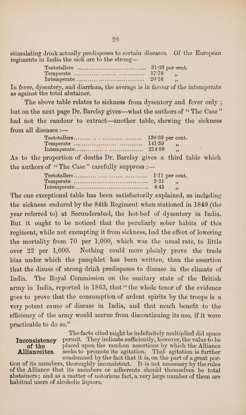 stimulating drink actually predisposes to certain diseases. Of the European regiments in India the sick are to the strong— Teetotallers . 81*30 per cent. Temperate . 1778 „ Intemperate. 20*16 ,, In fever, dysentery, and diarrhoea, the average is in favour of the intemperate as against the total abstainer. The above table relates to sickness from dysentery and fever only ; but on the next page Dr. Barclay gives—what the authors of “ The Case ” i had not the candour to extract—another table, shewing the sickness from all diseases :— Teetotallers. 130*38 per cent. Temperate .. 14T59 „ Intemperate. 214'86 ,, As to the proportion of deaths Dr. Barclay gives a third table which the authors of “ The Case ” carefully suppress :— Teetotallers. 171 per cent. Temperate . 2*31 „ Intemperate. 4*45 „ The one exceptional table has been satisfactorily explained, as including the sickness endured by the 84th Regiment when stationed in 1849 (the year referred to) at Secunderabad, the hot-bed of dysentery in India. But it ought to be noticed that the peculiarly sober habits of this regiment, while not exempting it from sickness, had the effect of lowering the mortality from 70 per 1,000, which was the usual rate, to little over 22 per 1,000. Nothing could more plainly prove the trade bias under which the pamphlet has been written, than the assertion that the disuse of strong drink predisposes to disease in the climate of India. The Royal Commission on the sanitary state of the British army in India, reported in 1863, that “ the whole tenor of the evidence goes to prove that the consumption of ardent spirits by the troops is a very potent cause of disease in India, and that much benefit to the efficiency of the army would accrue from discontinuing its use, if it were practicable to do so.” The facts cited might be indefinitely multiplied did space Inconsistency permit. They indicate sufficiently, however, the value to be of the placed upon the random assertions by which the Alliance Allianceites. seeks to promote its agitation. That agitation is further condemned by the fact that it is, on the part of a great por¬ tion of its members, thoroughly inconsistent. It is not necessary by the rules of the Alliance that its members or adherents should themselves be total abstainers; and as a matter of notorious fact, a very large number of them are habitual users of alcoholic liquors.