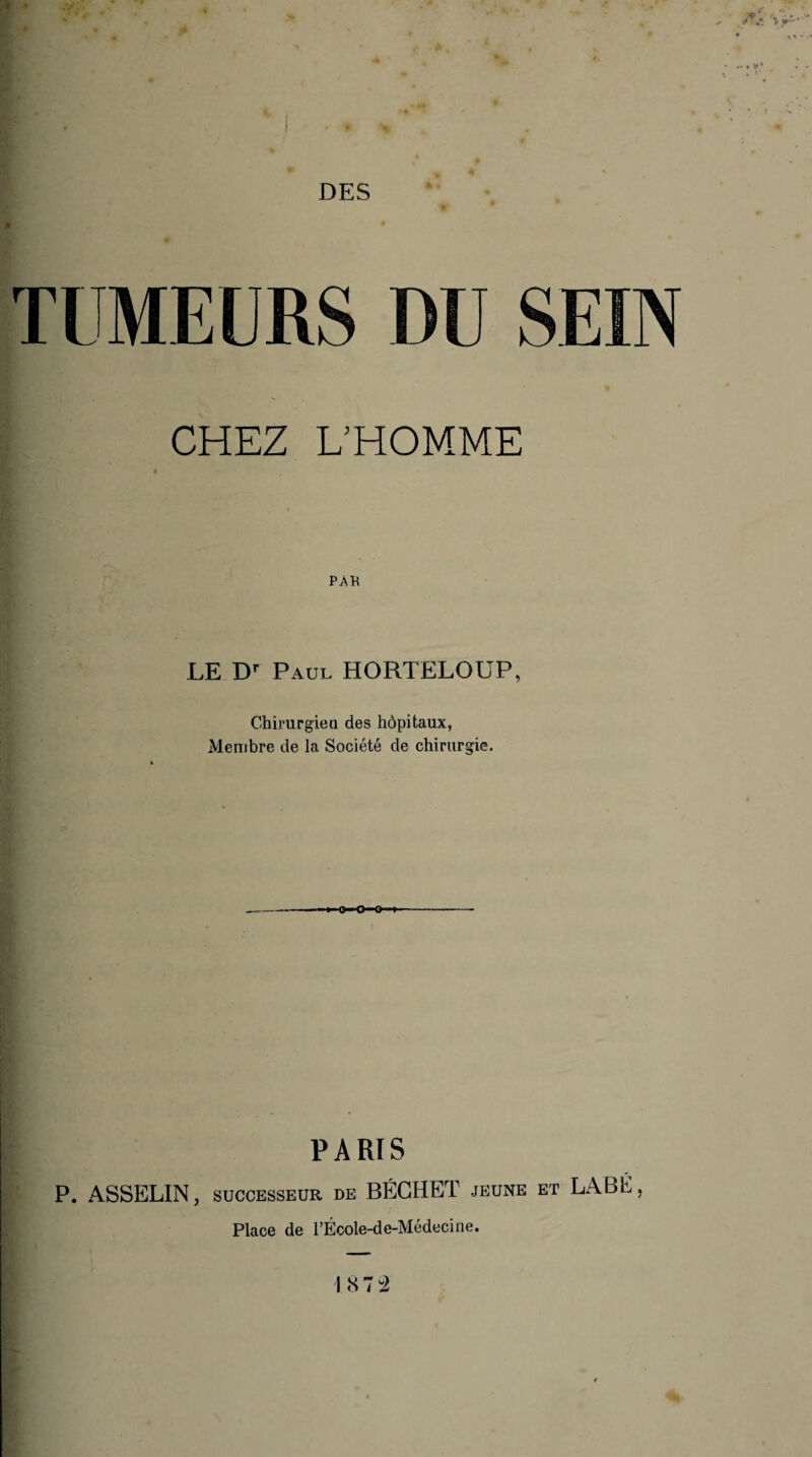 DES CHEZ L’HOMME PA K LE Dr Paul HORTELOUP, Chirurgien des hôpitaux, Membre de la Société de chirurgie. •O—O—O PARIS P. ASSELIN, successeur de BÉCHET jeune et LABÉ, Place de l’École-de-Médecine.