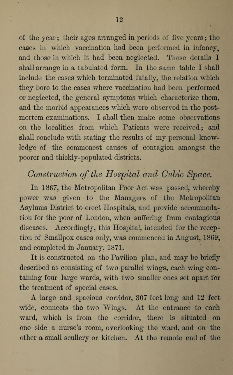 of the year; their ages arranged in periods of five years; the cases in which vaccination had been performed in infancy, and those in which it had been neglected. These details I shall arrange in a tabulated form. In the same table I shall include the cases which terminated fatally, the relation which they bore to the cases where vaccination had been performed or neglected, the general symptoms which characterize them, and the morbid appearances which were observed in the post¬ mortem examinations. I shall then make some observations on the localities from which Patients were received; and shall conclude with stating the results of my personal know¬ ledge of the commonest causes of contagion amongst the poorer and thickly-populated districts. Construction of the Hospital and Cubic Space. In 1867, the Metropolitan Poor Act was passed, whereby power was given to the Managers of the Metropolitan Asylums District to erect Hospitals, and provide accommoda¬ tion for the poor of London, when suffering from contagious diseases. Accordingly, this Hospital, intended for the recep¬ tion of Smallpox cases only, was commenced in August, 1869, and completed in January, 1871. It is constructed on the Pavilion plan, and may be briefly described as consisting of two parallel wings, each wing con¬ taining four large 'wards, with two smaller ones set apart for the treatment of special cases. A large and spacious corridor, 307 feet long and 12 feet wide, connects the two Wings. At the entrance to each ward, which is from the corridor, there is situated on one side a nurse’s room, overlooking the ward, and on the other a small scullery or kitchen. At the remote end of the