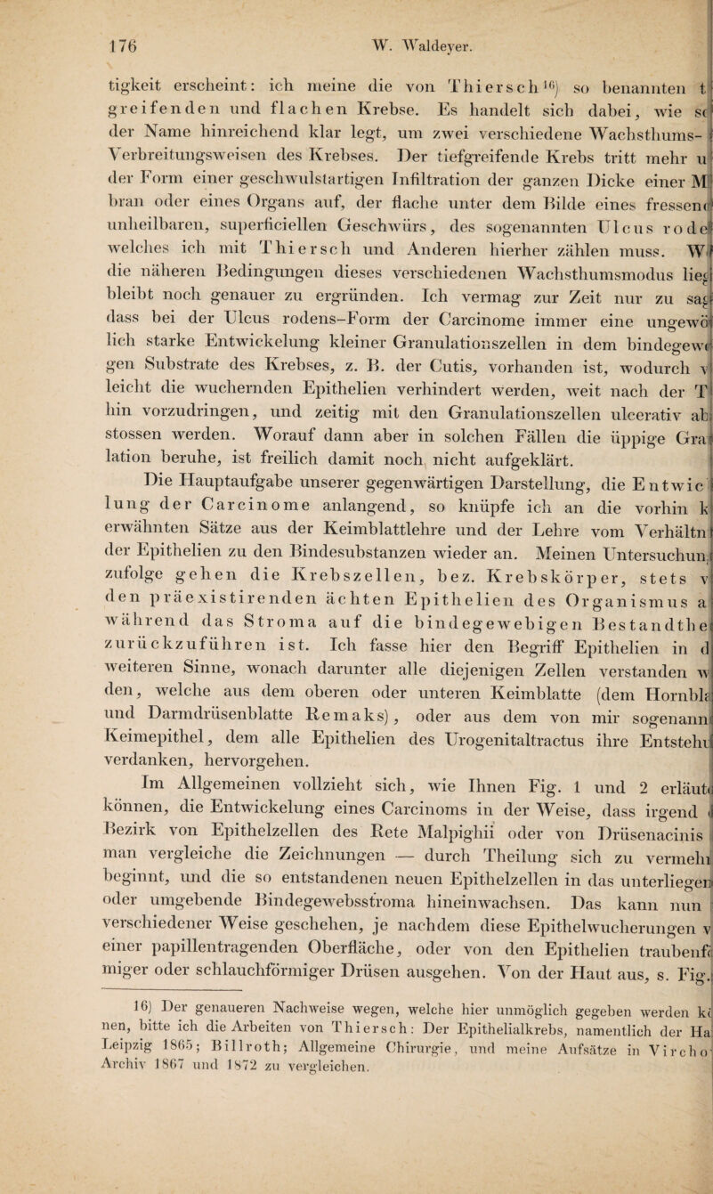 tigkeit erscheint: ich meine die von Thier sch16) so benannten t greifenden und flachen Krebse. Es handelt sich dabei, wie sc der Name hinreichend klar legt, um zwei verschiedene Wachsthums- I Verbreitungsweisen des Krebses. Der tiefgreifende Krebs tritt mehr u der Form einer geschwulstartigen Infiltration der ganzen Dicke einer M bran oder eines Organs auf, der flache unter dem Bilde eines fressend unheilbaren, superficiellen Geschwürs, des sogenannten Ulcus rode welches ich mit Thier sch und Anderen hierher zählen muss. W die näheren Bedingungen dieses verschiedenen Wachsthumsmodus lieg bleibt noch genauer zu ergründen. Ich vermag zur Zeit nur zu sa£ dass bei der Ulcus rodens-Form der Carcinome immer eine unsrewö o lieh starke Entwickelung kleiner Granulationszellen in dem bindegewd gen Substrate des Krebses, z. B. der Cutis, vorhanden ist, wodurch vj leicht die wuchernden Epithelien verhindert werden, weit nach der T hin vorzudringen, und zeitig mit den Granulationszellen ulcerativ ab; stossen werden. Worauf dann aber in solchen Fällen die üppige Graj lation beruhe, ist freilich damit noch nicht aufgeklärt. Die Hauptaufgabe unserer gegenwärtigen Darstellung, die Entwic lung der Carcinome anlangend, so knüpfe ich an die vorhin k erwähnten Sätze aus der Keimblattlehre und der Lehre vom Verliältn der Epithelien zu den Bindesubstanzen wieder an. Meinen Untersuchun « zufolge gehen die Krebszellen, bez. Krebskörper, stets v den präexistirenden ächten Epithelien des Organismus a wählend das Stroma auf die bindegewebigen Bestand!hei zurückzuführen ist. Ich fasse hier den Begriff Epithelien in d weiteren Sinne, wonach darunter alle diejenigen Zellen verstanden w den, welche aus dem oberen oder unteren Keimblatte (dem Hornbh und Darmdrüsenblatte Remaks), oder aus dem von mir sogenanm Keimepithel, dem alle Epithelien des Urogenitaltractus ihre Entstellt verdanken, hervorgehen. Im Allgemeinen vollzieht sich, wie Ihnen Fig. 1 und 2 erläuti] können, die Entwickelung eines Carcinoms in der Weise, dass irgend J Bezirk von Epithelzellen des Rete Malpighii oder von Drüsenacinis i man vergleiche die Zeichnungen — durch Theilung sich zu vermehJ beginnt, und die so entstandenen neuen Epithelzellen in das unterliegen oder umgebende Bindegewebsstroma hineinwachsen. Das kann nun verschiedener Weise geschehen, je nachdem diese Epithelwucherungen v einer papillentragenden Oberfläche, oder von den Epithelien traubenf« miger oder schlauchförmiger Drüsen ausgehen. Von der Haut aus, s. Fig.i 16) Der genaueren Nachweise wegen, welche hier unmöglich gegeben werden kc nen, bitte ich die Arbeiten von Thier sch: Der Epithelialkrebs, namentlich der Hai Leipzig 1865; Billroth; Allgemeine Chirurgie, und meine Aufsätze in Vircho- Archiv 1867 und 1872 zu vergleichen.