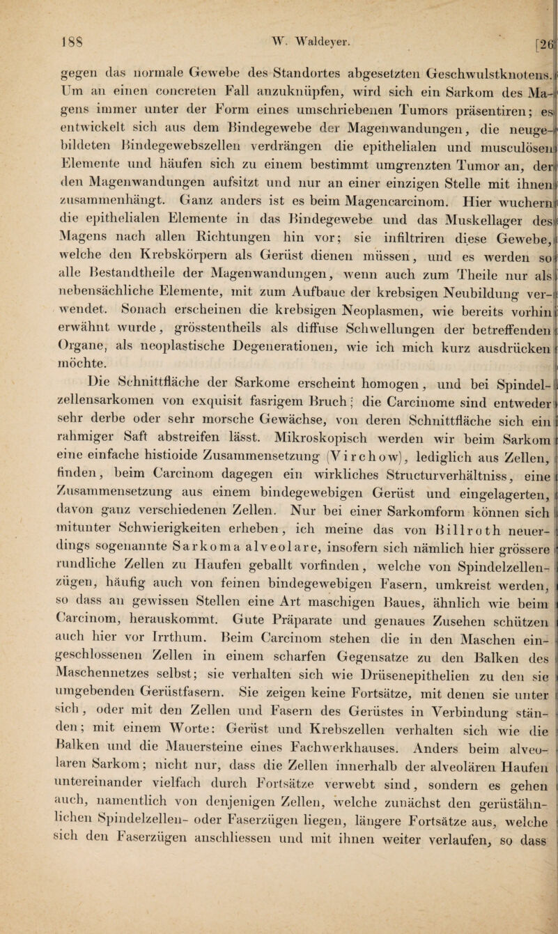 [263 gegen das normale Gewebe des Standortes abgesetzten Geschwulstknotens, J Um an einen concreten Fall anzuknüpfen, wird sich ein Sarkom des Ma-I gens immer unter der Form eines umschriebenen Tumors präsentiren; es« entwickelt sich aus dem Findegewebe der Magenwandungen, die neuge->| bildeten Bindegewebszellen verdrängen die epithelialen und musculösenj Elemente und häufen sich zu einem bestimmt umgrenzten Tumor an, den) den Magenwandungen aufsitzt und nur an einer einzigen Stelle mit ihnen! zusammenhängt. Ganz anders ist es beim Magencarcinom. Hier wuchern die epithelialen Elemente in das Bindegewebe und das Muskellager des- Magens nach allen Richtungen hin vor; sie infiltriren diese Gewebe, welche den Krebskörpern als Gerüst dienen müssen, und es werden so alle Bestandteile der Magenwandungen, wenn auch zum Theile nur als nebensächliche Elemente, mit zum Aufbaue der krebsigen Neubildung ver¬ wendet. Sonach erscheinen die krebsigen Neoplasmen, wie bereits vorhin) erwähnt wurde, grösstentheils als diffuse Schwellungen der betreffendenj Organe, als neoplastische Degenerationen, wie ich mich kurz ausdrücken i möchte. Die Schnittfläche der Sarkome erscheint homogen, und bei Spindel¬ zellensarkomen von exquisit fasrigem Bruch; die Carcinome sind entweder sehr derbe oder sehr morsche Gewächse, von deren Schnittfläche sich ein rahmiger Saft abstreifen lässt. Mikroskopisch werden wir beim Sarkom eine einfache histioide Zusammensetzung (Virchow), lediglich aus Zellen, j finden, beim Carcinom dagegen ein wirkliches Structurverhältniss, eine 1 Zusammensetzung aus einem bindegewebigen Gerüst und eingelagerten, i davon ganz verschiedenen Zellen. Nur bei einer Sarkomform können sich S mitunter Schwierigkeiten erheben, ich meine das von Billroth neuer¬ dings sogenannte Sarkoma alveolare, insofern sich nämlich hier grössere » rundliche Zellen zu Haufen geballt vorfinden, welche von Spindelzellen- i zugen, häufig auch von feinen bindegewebigen Fasern, umkreist werden, i so dass an gewissen Stellen eine Art maschigen Baues, ähnlich wie beim \ Carcinom, herauskommt. Gute Präparate und genaues Zusehen schützen i auch hier vor Irrthum. Beim Carcinom stehen die in den Maschen ein- \ geschlossenen Zellen in einem scharfen Gegensätze zu den Balken des 1 Maschennetzes selbst; sie verhalten sich wie Drüsenepithelien zu den sie i umgebenden Gerüstfasern. Sie zeigen keine Fortsätze, mit denen sie unter « sich, oder mit den Zellen und Fasern des Gerüstes in Verbindung stän¬ den; mit einem Worte: Gerüst und Krebszellen verhalten sich wie die Balken und die Mauersteine eines Fachwerkhauses. Anders beim alveo- - laren Sarkom; nicht nur, dass die Zellen innerhalb der alveolären Haufen j untereinander vielfach durch Fortsätze verwebt sind, sondern es gehen j auch, namentlich von denjenigen Zellen, welche zunächst den gerüstähn¬ lichen Spindelzellen- oder Faserzügen liegen, längere Fortsätze aus, welche sich den haserzügen anschliessen und mit ihnen weiter verlaufen, so dass