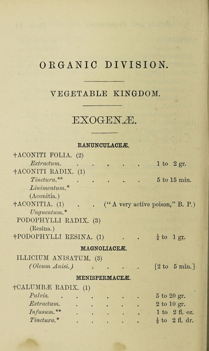 ORGANIC DIVISION. VEGETABLE KINGDOM. EXOGENGE. RANDNCULACEX. +ACONITI FOLIA. (2) Extractum. ..... 1 to 2 gr. +ACONITI EADIX. (1) Tinctura.** ...... 5 to 15 min. Linimentum. * (Aconitia.) +ACONITIA. (1) . . (“ A very active poison,” B. P.) Unguentum* PODOPHYLLI EADIX. (3) (Eesina.) +PODOPHYLLI EESINA. (1) i to 1 gr. M AGN OLIACEAJ. ILLICIUM ANISATUM. (3) (Oleum Anisi.) .... [2 to 5 min.] MENISPERMACEiE. fCALUMBiE EADIX. (1) Pulvis. 5 to 20 gr. Extractum. ..... 2 to 10 gr. Infusum. ** ..... 1 to 2 fl. oz. Tinctura. * ..... \ to 2 fl. dr.
