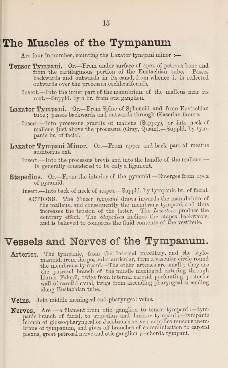 Are four in number, counting the Laxator tympani minor :— Tensor Tympani. Or.—From under surface of apex of petrous bone and from the cartilaginous portion of the Eustachian tube. Passes backwards and outwards in its canal, from whence it is reflected outwards over the processus cochleariformis. Insert.—Into the inner part of the manubrium of the malleus near its root.—Suppld. by a br. from otic ganglion. Laxator Tympani. Or.—From Spine of Sphenoid and from Eustachian tube ; passes backwards and outwards through Glaserian fissure. Insert.—Into processus gracilis of malleus (Sappey), or into neck of malleus just above the processus (Gray, Quain).—Suppld. by tym¬ panic br. of facial. Laxator Tympani Minor. Or.—From upper and back part of meatus auditorius ext. Insert.—Into the processus brevis and into the handle of the malleus.— Is generally considered to be only a ligament. Stapedius. Or.—From the interior of the pyramid.—Emerges from apex of pyramid. Insert.—Into back of neck of stapes.—Suppld. by tympanic br. of facial. ACTIONS. The Tensor tympani draws inwards the manubrium of the malleus, and consequently the membrana tympani, and thus increases the tension of the latter. The Laxators produce the contrary effect. The Stapedius inclines the stapes backwards, and is believed to compress the fluid contents of the vestibule. Vessels and Nerves of the Tympanum. Arteries. The tympanic, from the internal maxillary, and the stylo¬ mastoid, from the posterior auricular, form a vascular circle round the membrana tympani.—The other arteries are small ; they are the potrosal branch of the middle meningeal entering through hiatus Falopii, twigs from internal carotid perforating posterior wall of carotid canal, twigs from ascending pharyngeal ascending along Eustachian tube. Veins. Join middle meningeal and pharyngeal veins. Nerves. Are :—a filament from otic ganglion to tensor tympani ;—tym¬ panic branch of facial, to stapedius and laxator tympanitympanic branch of glosso-pharyngeal or Jacobson’s nerve ; supplies mucous mem¬ brane of tympanum, and gives off branches of communication to carotid plexus, great petrosal nerve and otic ganglion ;—chorda tympani.