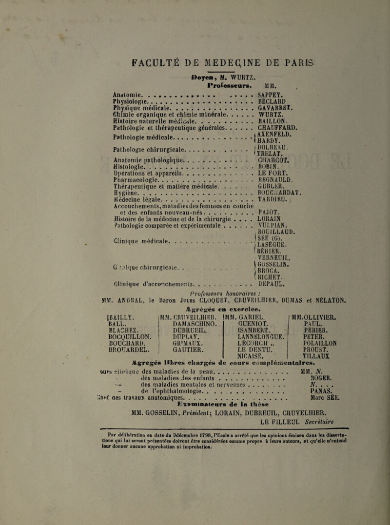 FACULTÉ DE MEDEQ1NE DE PARIS Moyen, M. WURTZ. Professeur». MM. Anatomie. . . . . . Physiologie. Physique médicale. Chimie organique et chimie minérale. . . . . . Histoire naturelle médicale. Pathologie et thérapeutique générales. Pathologie médicale. Pathologie chirurgicale. ........... Anatomie pathologique. . .. Histologie... Opérations et appareils.. Pnarmacologie. ............. Thérapeutique et matière médicale. ..... Hygiène..... Sïcdecine légale.. . . . Accouchements, maladies des femmes en couche SAPPEY. BÉCLARD GAVARRET. WURTZ. BAILLON. CHAUFFARD. iAXENFELD. I HARDY. IDOLBEAU. fTRELAT. CHARCOT. ROBIN. LE FORT. REGNAULD, GUBLER. BOUCüARDAT. TARDIEU, s et des enfants nouveau-nés. Histoire de la médecine et de la chirurgie Pathologie comparée et expérimentale . . Clinique médicale. .. C Mique chirurgicale.. . . . PAJOT. . . L0RA1N . . VULPIAN. / B0U1LLAUD. SEE (G). LASÈGUE.. (BÊHIER. VERMEUIL, i GOSSELIN. BROCA. 'RICHET. CHnôque d’accouchements.» » DKPAUL. Professeurs honoraires : MM. ANBRAL, le Baron Jules CLOQUET, CRUVEILHIER, DUMAS et NÉLATON. Agréées en exercice. jjBAILLY. BALL. BLACHEZ. BOCQUILLON. BOUCHARD. BROUARDEL. IMM. CRUVEILHIER. DAMASCH1NO. DUBRUEIL. DUPLAY. GRTMAUX. GAUTIER. . GARIEL. GUENIOT. ISAMBERT. LANNELONGUE. LÉCORCH .. LE DENTU. N1CAISE. MM.OLLIVIER. PAUL. PERIER. PETER. POLAILLON PROUST. TILLAUX Agrégés libres chargés de cours complémentaires. quvs clinique des maladies de la peau. MM. N. des maladies des enfants . .. ROGER. des maladies mentales el nerveuses ........ N. .. . de l’ophlhalmologie. . .. PANAS., ibef des travaux anatomiques. Marc SÉE. Exsnnnateur» de la thèse MM. GOSSELIN, Président-, LORAIN, DUBREUIL, CRUVELHIER. LE FILLEUL Secrétaire Par délibération en date du 9décembre 1798, l’Ecole a arrêté que les opinions émises dans les disserta¬ tions qui lui seront présentées doivent être considérées comme propre J leurs auteurs, et qu’elle n’entend leur donner aucune approbation ni improbation.