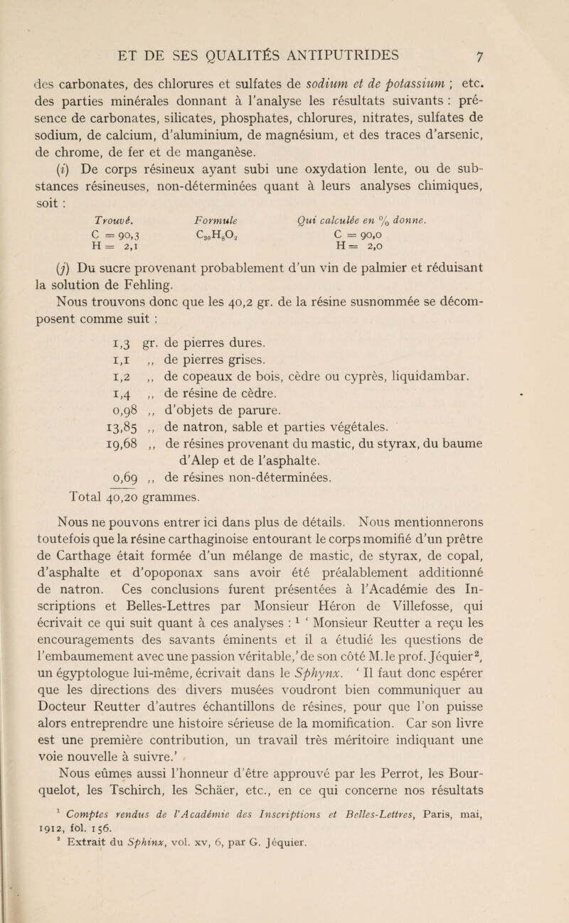 des carbonates, des chlorures et sulfates de sodium et de potassium ; etc. des parties minérales donnant à l’analyse les résultats suivants : pré¬ sence de carbonates, silicates, phosphates, chlorures, nitrates, sulfates de sodium, de calcium, d’aluminium, de magnésium, et des traces d’arsenic, de chrome, de fer et de manganèse. (i) De corps résineux ayant subi une oxydation lente, ou de sub¬ stances résineuses, non-déterminées quant à leurs analyses chimiques, soit : Trouvé. Formule Qui calculée en % donne. C = 90» 3 C30HgO2 P “ 90,0 H = 2,1 H = 2,0 (j) Du sucre provenant probablement d’un vin de palmier et réduisant la solution de Fehling. Nous trouvons donc que les 40,2 gr. de la résine susnommée se décom¬ posent comme suit : 1.3 gr. de pierres dures. 1.1 ,, de pierres grises. 1.2 ,, de copeaux de bois, cèdre ou cyprès, liquidambar. 1.4 ,, de résine de cèdre. 0,98 ,, d’objets de parure. 13,85 ,, de natron, sable et parties végétales. 19,68 ,, de résines provenant du mastic, du styrax, du baume d’Alep et de l’asphalte. 0,69 ,, de résines non-déterminées. Total 40,20 grammes. Nous ne pouvons entrer ici dans plus de détails. Nous mentionnerons toutefois que la résine carthaginoise entourant le corps momifié d’un prêtre de Carthage était formée d’un mélange de mastic, de styrax, de copal, d’asphalte et d’opoponax sans avoir été préalablement additionné de natron. Ces conclusions furent présentées à l’Académie des In¬ scriptions et Belles-Lettres par Monsieur Héron de Villefosse, qui écrivait ce qui suit quant à ces analyses : 1 ‘ Monsieur Reutter a reçu les encouragements des savants éminents et il a étudié les questions de l’embaumement avec une passion véritable,’de son côté M.le prof. Jéquier2, un égyptologue lui-même, écrivait dans le Sphynx. ‘ Il faut donc espérer que les directions des divers musées voudront bien communiquer au Docteur Reutter d’autres échantillons de résines, pour que l’on puisse alors entreprendre une histoire sérieuse de la momification. Car son livre est une première contribution, un travail très méritoire indiquant une voie nouvelle à suivre.’ Nous eûmes aussi l’honneur d’être approuvé par les Perrot, les Bour- quelot, les Tschirch, les Schâer, etc., en ce qui concerne nos résultats 1 Comptes rendus de VAcadémie des Inscriptions et Belles-Lettres, Paris, mai, 1912, fol. 1 56. 2 Extrait du Sphinx, vol. xv, 6, par G. Jéquier.
