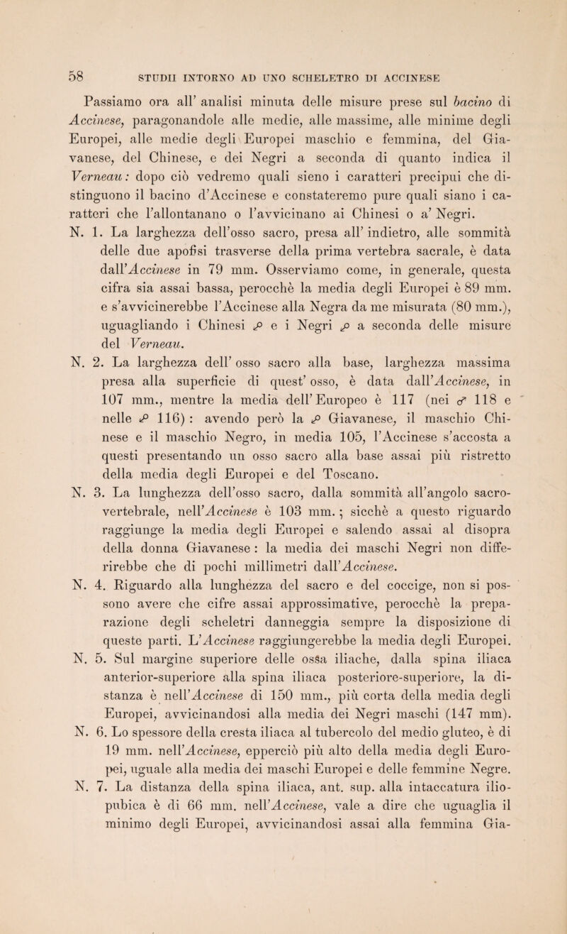 Passiarao ora ail’ analisi minuta clelle misure prese sul bacino di Accinese, paragonanclole aile medie, aile massime, aile minime degli Europei, aile medie degli \ Europei mascliio e femmina, del Gia¬ vanese, del Chinese, e dei Negri a seconda di quanto indica il Verneau : dopo cio vedremo quali sieno i caratteri precipui che di- stinguono il bacino d’Accinese e constateremo pure quali siano i ca¬ ratteri che l’allontanano o l’avvicinano ai Chinesi o a’ Negri. N. 1. La larghezza dell’osso sacro, presa ail’ indietro, aile sommità delle due apofisi trasverse délia prima vertebra sacrale, è data dalY Accinese in 79 mm. Osserviamo corne, in generale, questa cifra sia assai bassa, perocchè la media degli Europei è 89 mm. e s’avvicinerebbe l’Accinese alla Negra da me misurata (80 mm.), uguagliando i Chinesi P e i Negri p a seconda delle misure del Verneau. N. 2. La larghezza dell’ osso sacro alla base, larghezza massima presa alla superficie di quest’ osso, è data dall’Accinese, in 107 mm., mentre la media dell’Europeo è 117 (nei à* 118 e nelle £ 116) : avendo pero la £ Giavanese, il maschio Chi- nese e il maschio Negro, in media 105, l’Accinese s’accosta a questi presentando un osso sacro alla base assai piu ristretto délia media degli Europei e del Toscano. N. 3. La lunghezza dell’osso sacro, dalla sommità all’angolo sacro- vertebrale, nAY Accinese è 103 mm. ; sicchè a questo riguardo raggiunge la media degli Europei e salendo assai ai disopra délia donna Giavanese : la media dei maschi Negri non diffe- rirebbe che di pochi millimetri dairAccme.se. N. 4. Riguardo alla lunghezza del sacro e del coccige, non si pos- sono avéré che cifre assai approssimative, perocchè la prepa- razione degli scheletri danneggia sempre la disposizione di queste parti. L’Accmese raggiungerebbe la media degli Europei. N. 5. Sul margine superiore delle osâa iliache, dalla spina iliaca anterior-superiore alla spina iliaca posteriore-superiore, la di- stanza è nell’Accinese di 150 mm., piii corta délia media degli Europei, avvicinandosi alla media dei Negri maschi (147 mm). N. 6. Lo spessore délia cresta iliaca al tubercolo del medio gluteo, è di 19 mm. nell’Accmese, eppercio più alto délia media degli Euro¬ pei, uguale alla media dei maschi Europei e delle femmine Negre. N. 7. La distanza délia spina iliaca, ant. sup. alla intaccatura ilio- pubica è di 66 mm. nell’Accinese, vale a dire che uguaglia il minimo degli Europei, avvicinandosi assai alla femmina Gia-