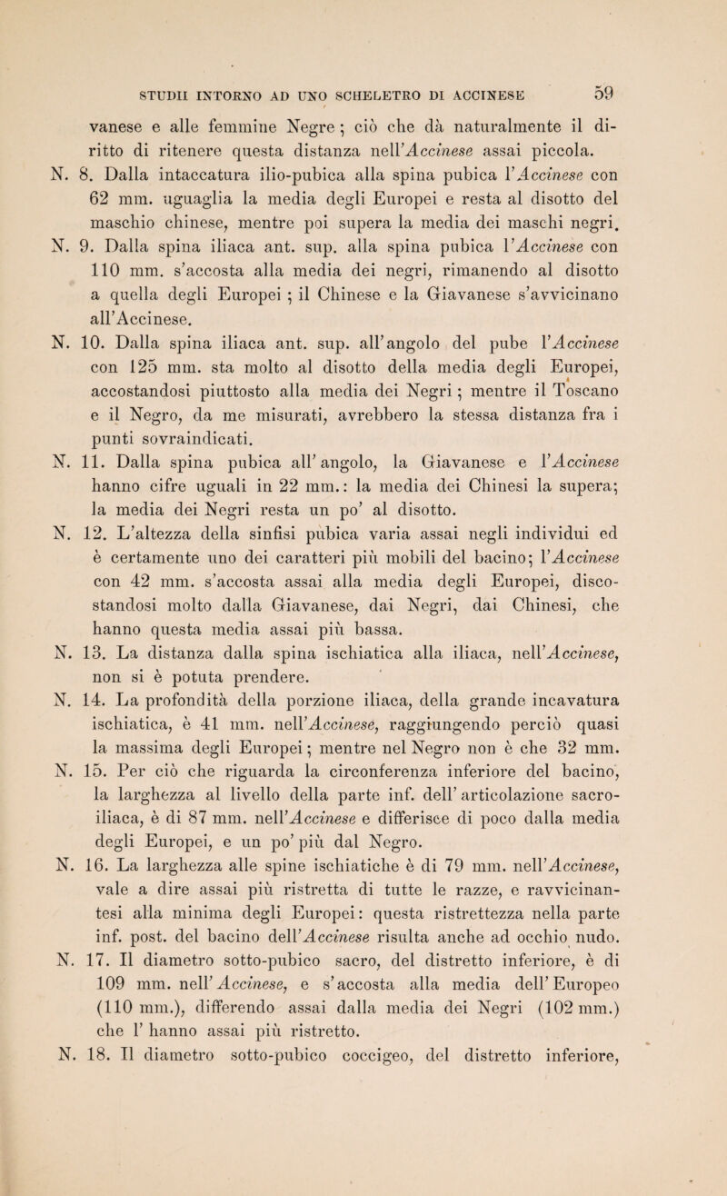 t vanese e aile femmine Negre ; cio che dà naturalmente il di- ritto di ritenere questa distanza ne\Y Accinese assai piccola. N. 8. Dalla intaccatura ilio-pubica alla spina pubica Y Accinese con 62 mm. uguaglia la media degli Europei e resta al disotto del mascbio chinese, mentre poi supera la media dei maschi negri. N. 9. Dalla spina iliaca ant. sup. alla spina pubica Y Accinese con 110 mm. s'accosta alla media dei negri, rimanendo al disotto a quella degli Europei ; il Chinese e la Giavanese s’avvicinano all’Accinese. N. 10. Dalla spina iliaca ant. sup. all’angolo del pube Y Accinese con 125 mm. sta molto al disotto délia media degli Europei, accostandosi piuttosto alla media dei Negri ; mentre il Toscano e il Negro, da me misurati, avrebbero la stessa distanza fra i punti sovraindicati. N. 11. Dalla spina pubica albangolo, la Giavanese e Y Accinese hanno cifre uguali in 22 mm.: la media dei Chinesi la supera; la media dei Negri resta un po’ al disotto. N. 12. L’altezza délia sinfisi pubica varia assai negli individui ed è certamente uno dei caratteri più mobili del bacino; Y Accinese con 42 mm. s’accosta assai alla media degli Europei, disco- standosi molto dalla Giavanese, dai Negri, dai Chinesi, che hanno questa media assai più bassa. N. 13. La distanza dalla spina ischiatica alla iliaca, nell’Accinese, non si è potuta prendere. N. 14. La profondità délia porzione iliaca, délia grande incavatura ischiatica, è 41 mm. nAY Accinese, raggiungendo perciô quasi la massima degli Europei ; mentre nel Negro non è che 32 mm. N. 15. Per cio che riguarda la circonferenza inferiore del bacino, la larghezza al livello délia parte inf. dell’ articolazione sacro- iliaca, è di 87 mm. nAYAccinese e differisce di poco dalla media degli Europei, e un po’ più dai Negro. N. 16. La larghezza aile spine ischiatiche è di 79 mm. nell’Accinese, vale a dire assai più ristretta di tutte le razze, e ravvicinan- tesi alla minima degli Europei: questa ristrettezza nella parte inf. post. del bacino àAY Accinese risulta anche ad occhio nudo. N. 17. Il diametro sotto-pubico sacro, del distretto inferiore, è di 109 mm. nell’Accinese, e s’accosta alla media dell’Europeo (110 mm.), differendo assai dalla media dei Negri (102 mm.) che 1’ hanno assai più ristretto. N. 18. Il diametro sotto-pubico coccigeo, del distretto inferiore,