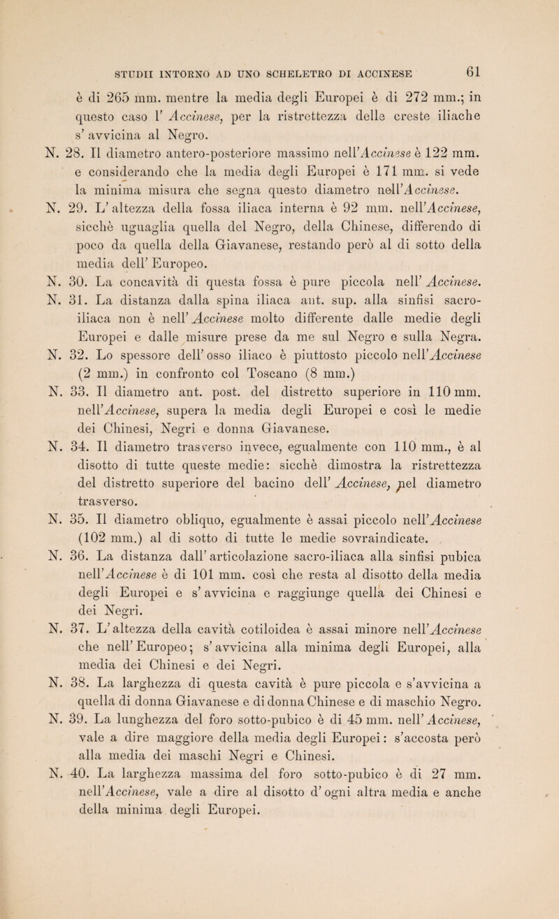 è di 265 mm. mentre la media degli Europei è di 272 mm.; in questo caso Y Accinese, per la ristrettezza delle creste iliache s’ avvicina al Negro. N. 28. Il diametro antero-posteriore massimo nel Y Accinese q 122 mm. e considerando clie la media degli Europei è 171 mm. si vede la minima misura che segna questo diametro nolVAccinese. N. 29. L’ altezza délia fossa iliaca interna è 92 mm. nell’Accinese, sicchè uguaglia quella del Negro, délia Chinese, differendo di poco da quella délia Giavanese, restando perô al di sotto délia media dell’ Europeo. N. 30. La concavità di questa fossa è pure piccola nell’ Accinese. N. 31. La distanza dalla spina iliaca ant. sup. alla sinfisi sacro- iliaca non è nell’ Accinese molto differente dalle medie degli Europei e dalle misure prese da me sul Negro e sulla Negra. N. 32. Lo spessore dell’ osso iliaco è piuttosto piccolo nelY Accinese (2 mm.) in confronto col Toscano (8 mm.) N. 33. Il diametro ant. post. del distretto superiore in 110 mm. nel Y Accinese, supera la media degli Europei e cosi le medie dei Chinesi, Negri e donna Giavanese. N. 34. Il diametro trasverso invece, egualmente con 110 mm., è al disotto di tutte queste medie: sicchè dimostra la ristrettezza del distretto superiore del bacino dell’ Accinese, ^îel diametro trasverso. N. 35. Il diametro obliquo, egualmente è assai piccolo nel Y Accinese (102 mm.) al di sotto di tutte le medie sovraindicate. N. 36. La distanza dall’ articolazione sacro-iliaca alla sinfisi pubica nell’Accinese è di 101 mm. cosi cbe resta al disotto délia media degli Europei e s’ avvicina e raggiunge quella dei Chinesi e dei Negri. N. 37. L; altezza délia cavità cotiloidea è assai minore nelY Accinese che nell’Europeo; s'avvicina alla minima degli Europei, alla media dei Chinesi e dei Negri. N. 38. La larghezza di questa cavità è pure piccola e s’avvicina a quella di donna Giavanese e di donna Chinese e di maschio Negro. N. 39. La lunghezza del foro sotto-pubico è di 45 mm. nel Y Accinese, vale a dire maggiore délia media degli Europei : s’accosta pero alla media dei maschi Negri e Chinesi. N. 40. La larghezza massima del foro sotto-pubico è di 27 mm. nel Y Accinese y vale a dire al disotto d’ogni altra media e anche délia minima degli Europei.