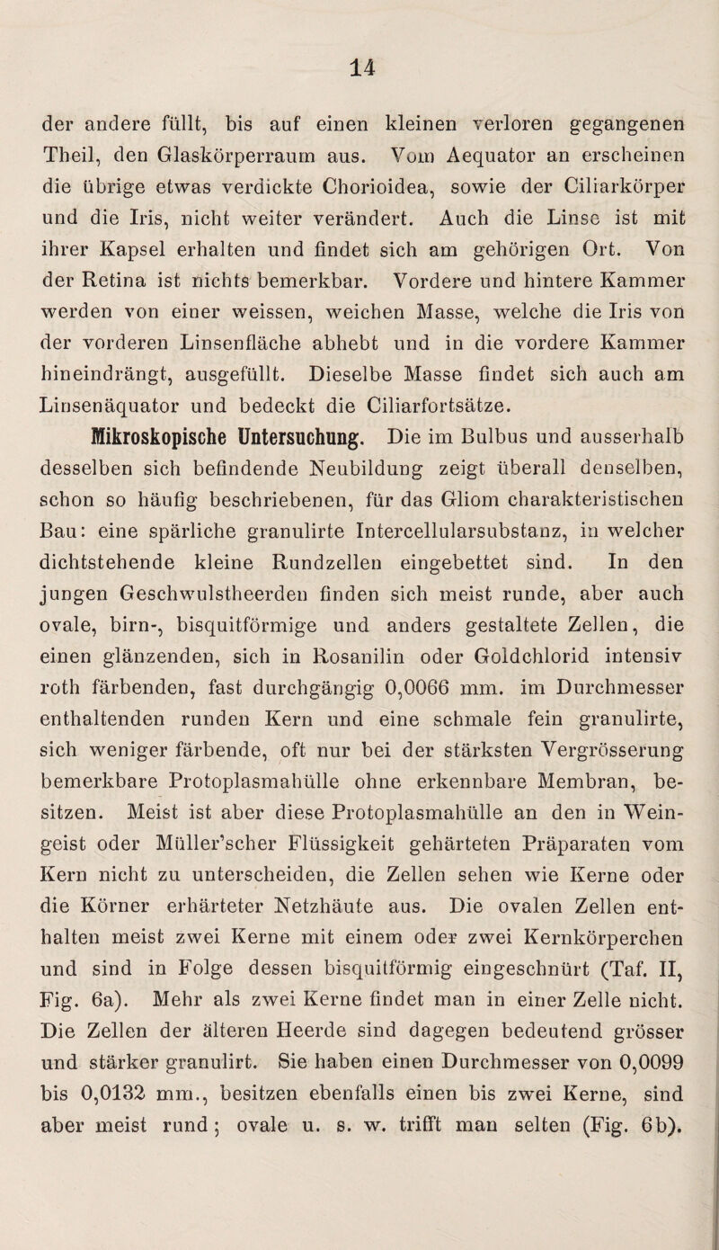 der andere füllt, bis auf einen kleinen verloren gegangenen Theil, den Glaskörperraum aus. Vom Aequator an erscheinen die übrige etwas verdickte Chorioidea, sowie der Ciliarkörper und die Iris, nicht weiter verändert. Auch die Linse ist mit ihrer Kapsel erhalten und findet sich am gehörigen Ort. Von der Retina ist nichts bemerkbar. Vordere und hintere Kammer werden von einer weissen, weichen Masse, welche die Iris von der vorderen Linsenfläche abhebt und in die vordere Kammer hineindrängt, ausgefüllt. Dieselbe Masse findet sich auch am Linsenäquator und bedeckt die Ciliarfortsätze. Mikroskopische Untersuchung. Die im Bulbus und ausserhalb desselben sich befindende Neubildung zeigt überall denselben, schon so häufig beschriebenen, für das Gliom charakteristischen Bau: eine spärliche granulirte Intercellularsubstanz, in welcher dichtstehende kleine Rundzellen eingebettet sind. In den jungen Geschwulstheerden finden sich meist runde, aber auch ovale, birn-, bisquitförmige und anders gestaltete Zellen, die einen glänzenden, sich in Rosanilin oder Goldchlorid intensiv roth färbenden, fast durchgängig 0,0066 mm. im Durchmesser enthaltenden runden Kern und eine schmale fein granulirte, sich weniger färbende, oft nur bei der stärksten Vergrösserung bemerkbare Protoplasmahülle ohne erkennbare Membran, be¬ sitzen. Meist ist aber diese Protoplasmahülle an den in Wein¬ geist oder Miiller’scher Flüssigkeit gehärteten Präparaten vom Kern nicht zu unterscheiden, die Zellen sehen wie Kerne oder die Körner erhärteter Netzhäute aus. Die ovalen Zellen ent¬ halten meist zwei Kerne mit einem oder zwei Kernkörperchen und sind in Folge dessen bisquitförmig ein geschnürt (Taf. II, Fig. 6a). Mehr als zwei Kerne findet man in einer Zelle nicht. Die Zellen der älteren Heerde sind dagegen bedeutend grösser und stärker granulirt. Sie haben einen Durchmesser von 0,0099 bis 0,0132 mm., besitzen ebenfalls einen bis zwei Kerne, sind aber meist rund; ovale u. s. w. trifft man selten (Fig. 6b).
