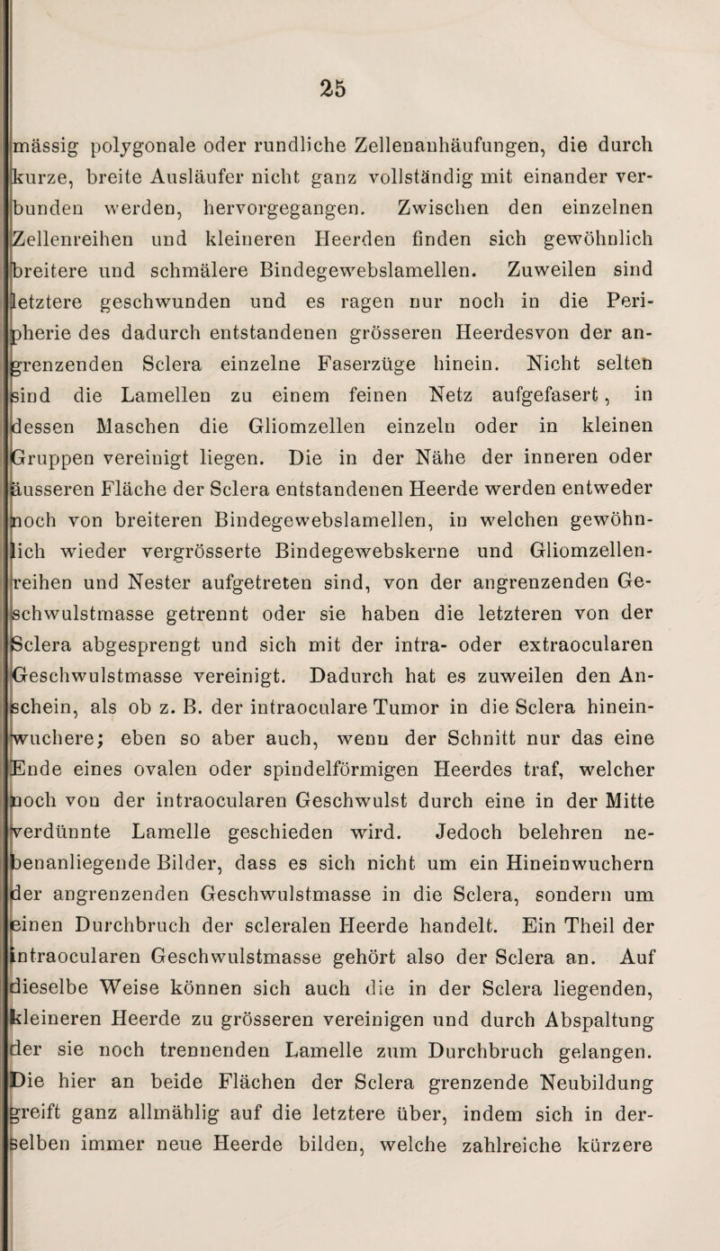 massig polygonale oder rundliche Zellenanhäufungen, die durch kurze, breite Ausläufer nicht ganz vollständig mit einander ver¬ bunden werden, hervorgegangen. Zwischen den einzelnen Zellenreihen und kleineren Heerden finden sich gewöhnlich breitere und schmälere Bindegewebslamellen. Zuweilen sind letztere geschwunden und es ragen nur noch in die Peri¬ pherie des dadurch entstandenen grösseren Heerdesvon der an¬ grenzenden Sclera einzelne Faserzüge hinein. Nicht selten {sind die Lamellen zu einem feinen Netz aufgefasert, in jdessen Maschen die Gliomzellen einzeln oder in kleinen Gruppen vereinigt liegen. Die in der Nähe der inneren oder äusseren Fläche der Sclera entstandenen Heerde werden entweder noch von breiteren Bindegewebslamellen, in welchen gewöhn¬ lich wieder vergrösserte Bindegewebskerne und Gliomzellen- ireihen und Nester aufgetreten sind, von der angrenzenden Ge- ßchwulstmasse getrennt oder sie haben die letzteren von der Sclera abgesprengt und sich mit der intra- oder extraocularen Geschwulstmasse vereinigt. Dadurch hat es zuweilen den An¬ schein, als ob z. B. der intraoculare Tumor in die Sclera hinein- •wuchere; eben so aber auch, wenn der Schnitt nur das eine Ende eines ovalen oder spindelförmigen Heerdes traf, welcher noch von der intraocularen Geschwulst durch eine in der Mitte verdünnte Lamelle geschieden wird. Jedoch belehren ne¬ benanliegende Bilder, dass es sich nicht um ein Hineinwuchern der angrenzenden Geschwulstmasse in die Sclera, sondern um einen Durchbruch der scleralen Heerde handelt. Ein Theil der intraocularen Geschwulstmasse gehört also der Sclera an. Auf dieselbe Weise können sich auch die in der Sclera liegenden, kleineren Heerde zu grösseren vereinigen und durch Abspaltung der sie noch trennenden Lamelle zum Durchbruch gelangen. Die hier an beide Flächen der Sclera grenzende Neubildung greift ganz allmählig auf die letztere über, indem sich in der¬ selben immer neue Heerde bilden, welche zahlreiche kürzere