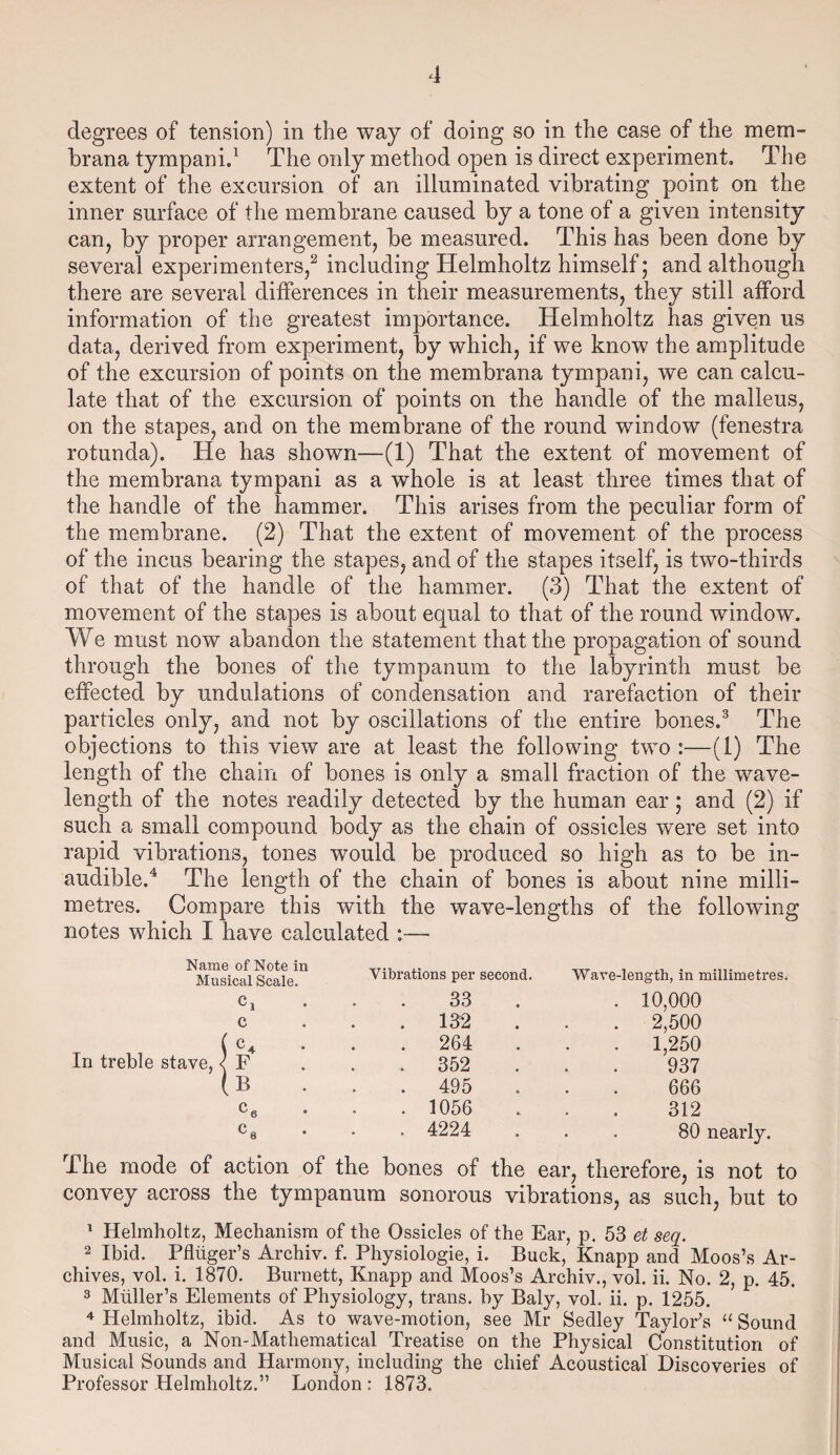 degrees of tension) in the way of doing so in the case of the mem- brana tympani.1 The only method open is direct experiment. The extent of the excursion of an illuminated vibrating point on the inner surface of the membrane caused by a tone of a given intensity can, by proper arrangement, be measured. This has been done by several experimenters,2 including Helmholtz himself; and although there are several differences in their measurements, they still afford information of the greatest importance. Helmholtz has given us data, derived from experiment, by which, if we know the amplitude of the excursion of points on the membrana tympani, we can calcu¬ late that of the excursion of points on the handle of the malleus, on the stapes, and on the membrane of the round window (fenestra rotunda). He has shown—(1) That the extent of movement of the membrana tympani as a whole is at least three times that of the handle of the hammer. This arises from the peculiar form of the membrane. (2) That the extent of movement of the process of the incus bearing the stapes, and of the stapes itself, is two-thirds of that of the handle of the hammer. (3) That the extent of movement of the stapes is about equal to that of the round window. We must now abandon the statement that the propagation of sound through the bones of the tympanum to the labyrinth must be effected by undulations of condensation and rarefaction of their particles only, and not by oscillations of the entire bones.3 The objections to this view are at least the following two :—(l) The length of the chain of bones is only a small fraction of the wave¬ length of the notes readily detected by the human ear; and (2) if such a small compound body as the chain of ossicles were set into rapid vibrations, tones would be produced so high as to be in¬ audible.4 The length of the chain of bones is about nine milli¬ metres. Compare this with the wave-lengths of the following notes which I have calculated :— Name of Note in Musical Scale. In treble stave, Ci c B c6 Vibrations per second. Wave-length, in millimetres. 33 132 264 352 495 1056 4224 10,000 2,500 1,250 937 666 312 80 nearly. The mode of action of the bones of the ear, therefore, is not to convey across the tympanum sonorous vibrations, as such, but to 1 Helmholtz, Mechanism of the Ossicles of the Ear, p. 53 et seq. 2 Ibid. PAuger’s Archiv. f. Physiologie, i. Buck, Knapp and Moos’s Ar¬ chives, vol. i. 1870. Burnett, Knapp and Moos’s Archiv., vol. ii. No. 2, p. 45. 3 Muller’s Elements of Physiology, trans. by Baly, vol. ii. p. 1255. 4 Helmholtz, ibid. As to wave-motion, see Mr Sedley Taylor’s “ Sound and Music, a Non-Mathematical Treatise on the Physical Constitution of Musical Sounds and Harmony, including the chief Acoustical Discoveries of Professor Helmholtz.” London : 1873.