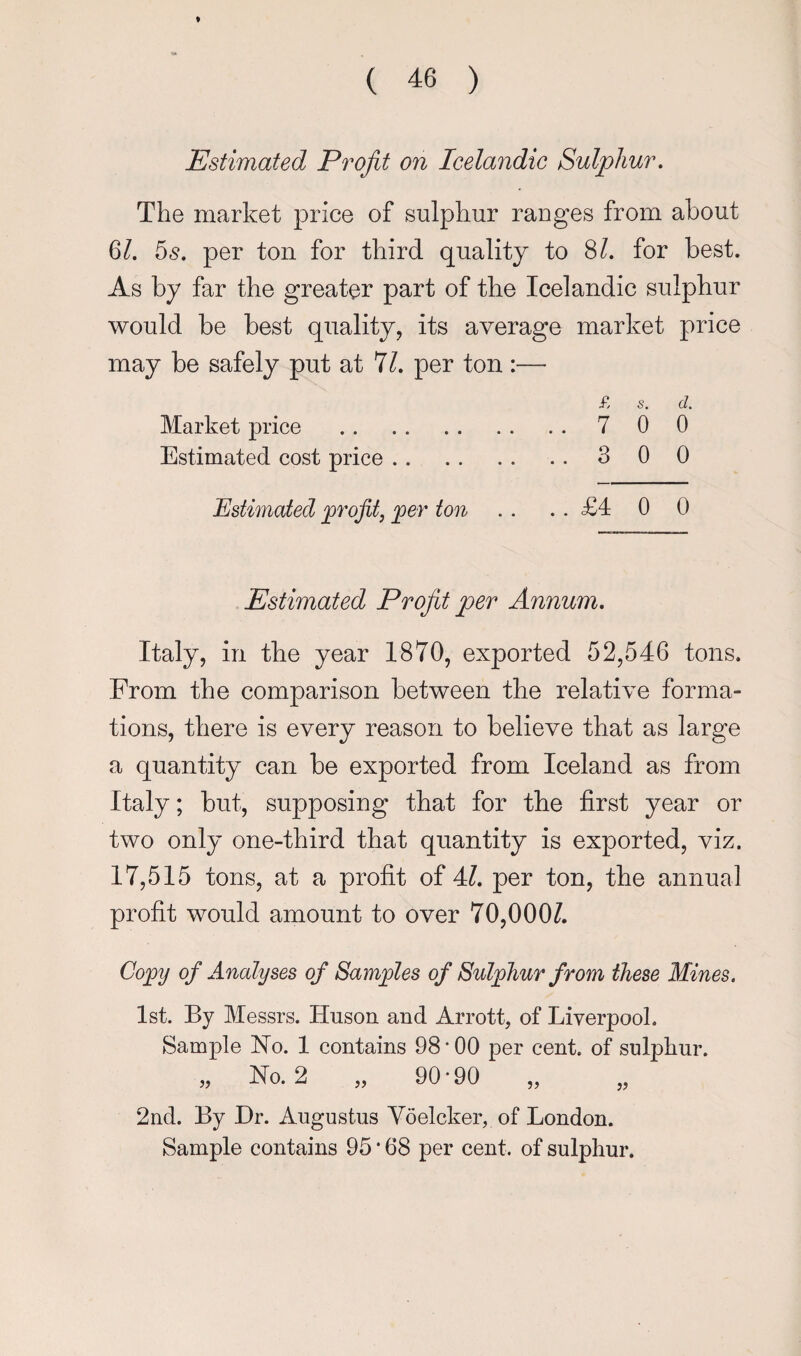 Estimated Profit on Icelandic Sulphur. The market price of sulphur ranges from about 6/. 5^. per ton for third quality to 8^. for best. As by far the greater part of the Icelandic sulphur would be best quality, its average market price may be safely put at 7/. per ton :— s. d. Market price .7 0 0 Estimated cost price.3 0 0 Estimated profit, ]oer ton . . .. £4 0 0 Estimated Profit per Annum. Italy, in the year 1870, exported 52,546 tons. From the comparison between the relative forma¬ tions, there is every reason to believe that as large a quantity can be exported from Iceland as from Italy; but, supposing that for the first year or two only one-third that quantity is exported, viz. 17,515 tons, at a profit of Al. per ton, the annual profit would amount to over 70,000^. Cojpy of Analyses of Samples of Sulphur from these Mines. 1st. By Messrs. Huson and Arrott, of Liverpool. Sample ISTo. 1 contains 98-00 per cent, of sulphur. ,, No. 2 „ 90*90 2nd. By Dr. Augustus Yoelcker, of London. Sample contains 95 * 68 per cent, of sulphur.