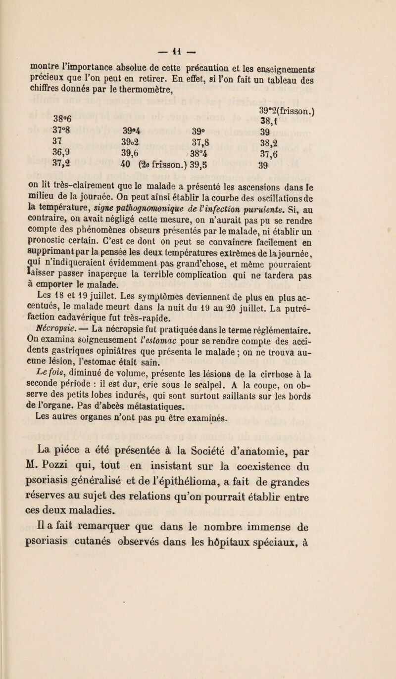montre l’importance absolue de cette précaution et les enseignements précieux que l’on peut en retirer. En effet, si l’on fait un tableau des chiffres donnés par le thermomètre, 38°6 37°8 39*4 39° 39#2(frisson.) 38,1 39 37 39o2 37,8 38,2 36,9 39,6 -38°4 37,6 37,2 40 (2e frisson.) 39,5 39 on lit très-clairement que le malade a présenté les ascensions dans le milieu de la journée. On peut ainsi établir la courbe des oscillations de la température, signe pathognomonique de Vinfection purulente. Si, au contraire, on avait négligé cette mesure, on n’aurait pas pu se rendre compte des phénomènes obscurs présentés par le malade, ni établir un pronostic certain. C’est ce dont on peut se convaincre facilement en supprimant par la pensée les deux températures extrêmes de la journée, qui n indiqueraient évidemment pas grand’chose, et même pourraient aisser passer inaperçue la terrible complication qui ne tardera pas à emporter le malade. Les 18 et 19 juillet. Les symptômes deviennent de plus en plus ac¬ centués, le malade meurt dans la nuit du 19 au 20 juillet. La putré¬ faction cadavérique fut très-rapide. Nécropsie.— La nécropsiefut pratiquée dans le terme réglémentaire. On examina soigneusement Vestomac pour se rendre compte des acci¬ dents gastriques opiniâtres que présenta le malade ; on ne trouva au¬ cune lésion, l’estomac était sain. Le foie, diminué de volume, présente les lésions de la cirrhose à la seconde période : il est dur, crie sous le scalpel. A la coupe, on ob¬ serve des petits lobes indurés, qui sont surtout saillants sur les bords de l’organe. Pas d’abcès métastatiques. Les autres organes n’ont pas pu être examinés. La pièce a été présentée à la Société d’anatomie, par M. Pozzi qui, tout en insistant sur la coexistence du psoriasis généralisé et de l épithélloma, a fait de grandes réserves au sujet des relations qu’on pourrait établir entre ces deux maladies. Il a fait remarquer que dans le nombre immense de psoriasis cutanés observés dans les hôpitaux spéciaux, à