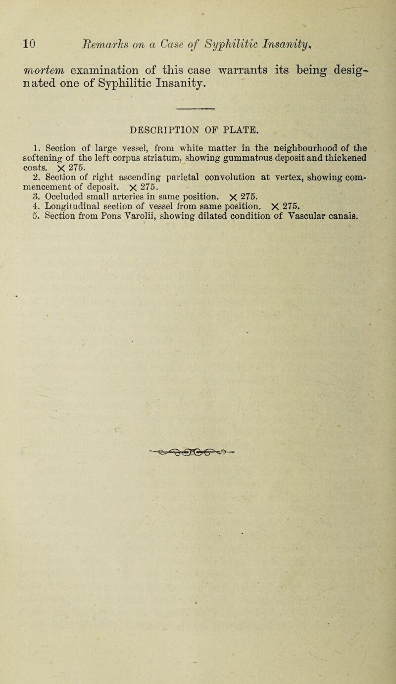 mortem examination of this case warrants its being desig¬ nated one of Syphilitic Insanity. DESCRIPTION OF PLATE. 1. Section of large vessel, from white matter in the neighbourhood of the softening of the left corpus striatum, showing gummatous deposit and thickened coats. X 275. 2. Section of right ascending parietal convolution at vertex, showing com¬ mencement of deposit. X 275. 3. Occluded small ai*teries in same position. X 275. 4. Longitudinal section of vessel from same position. X 275. 5. Section from Pons Yarolii, showing dilated condition of Vascular canals. c