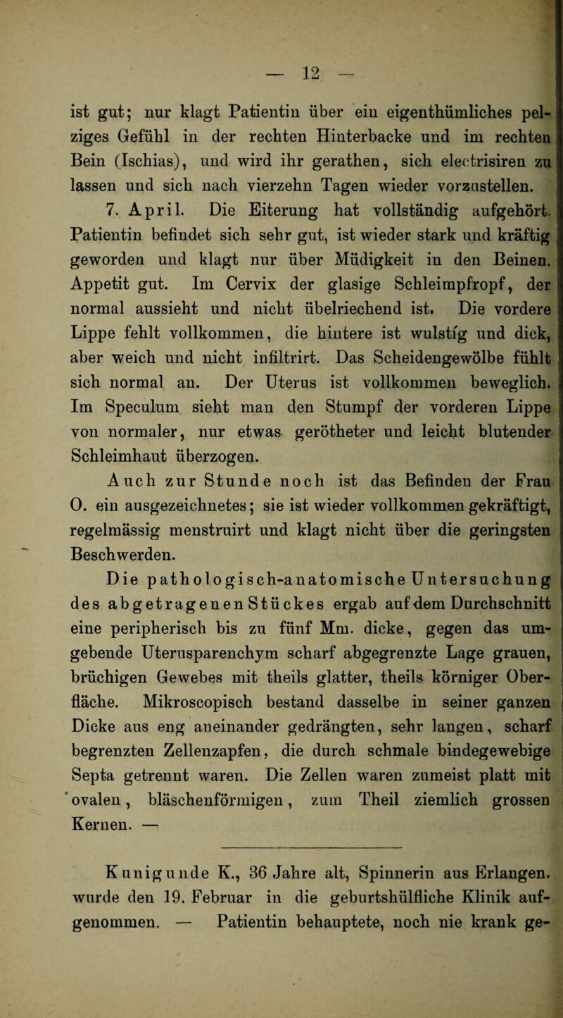 ist gut; nur klagt Patientin über ein eigentümliches pel¬ ziges Gefühl in der rechten Hinterbacke und im rechten Bein (Ischias), und wird ihr geraten, sich eleetrisiren zu lassen und sich nach vierzehn Tagen wieder vorzustellen. 7. April. Die Eiterung hat vollständig aufgehört. Patientin befindet sich sehr gut, ist wieder stark und kräftig geworden und klagt nur über Müdigkeit in den Beinen. Appetit gut. Im Cervix der glasige Schleimpfropf, der normal aussieht und nicht übelriechend ist. Die vordere Lippe fehlt vollkommen, die hintere ist wulstig und dick, aber weich und nicht infiltrirt. Das Scheidengewölbe fühlt sich normal an. Der Uterus ist vollkommen beweglich. Im Speculum sieht man den Stumpf der vorderen Lippe von normaler, nur etwas gerötheter und leicht blutender Schleimhaut überzogen. Auch zur Stunde noch ist das Befinden der Frau 0. ein ausgezeichnetes; sie ist wieder vollkommen gekräftigt, regelmässig menstruirt und klagt nicht über die geringsten Beschwerden. Die pathologisch-anatomische Untersuchung des abgetragenenStückes ergab auf dem Durchschnitt eine peripherisch bis zu fünf Mm. dicke, gegen das um¬ gebende Uterusparenchym scharf abgegrenzte Lage grauen, brüchigen Gewebes mit theils glatter, theils körniger Ober¬ fläche. Mikroscopisch bestand dasselbe in seiner ganzen Dicke aus eng aneinander gedrängten, sehr langen, scharf begrenzten Zellenzapfen, die durch schmale bindegewebige Septa getrennt waren. Die Zellen waren zumeist platt mit ovalen, bläschenförmigen, zum Theil ziemlich grossen Kernen. — Kunigunde K., 36 Jahre alt, Spinnerin aus Erlangen, wurde den 19. Februar in die geburtshülfliche Klinik auf¬ genommen. — Patientin behauptete, noch nie krank ge-