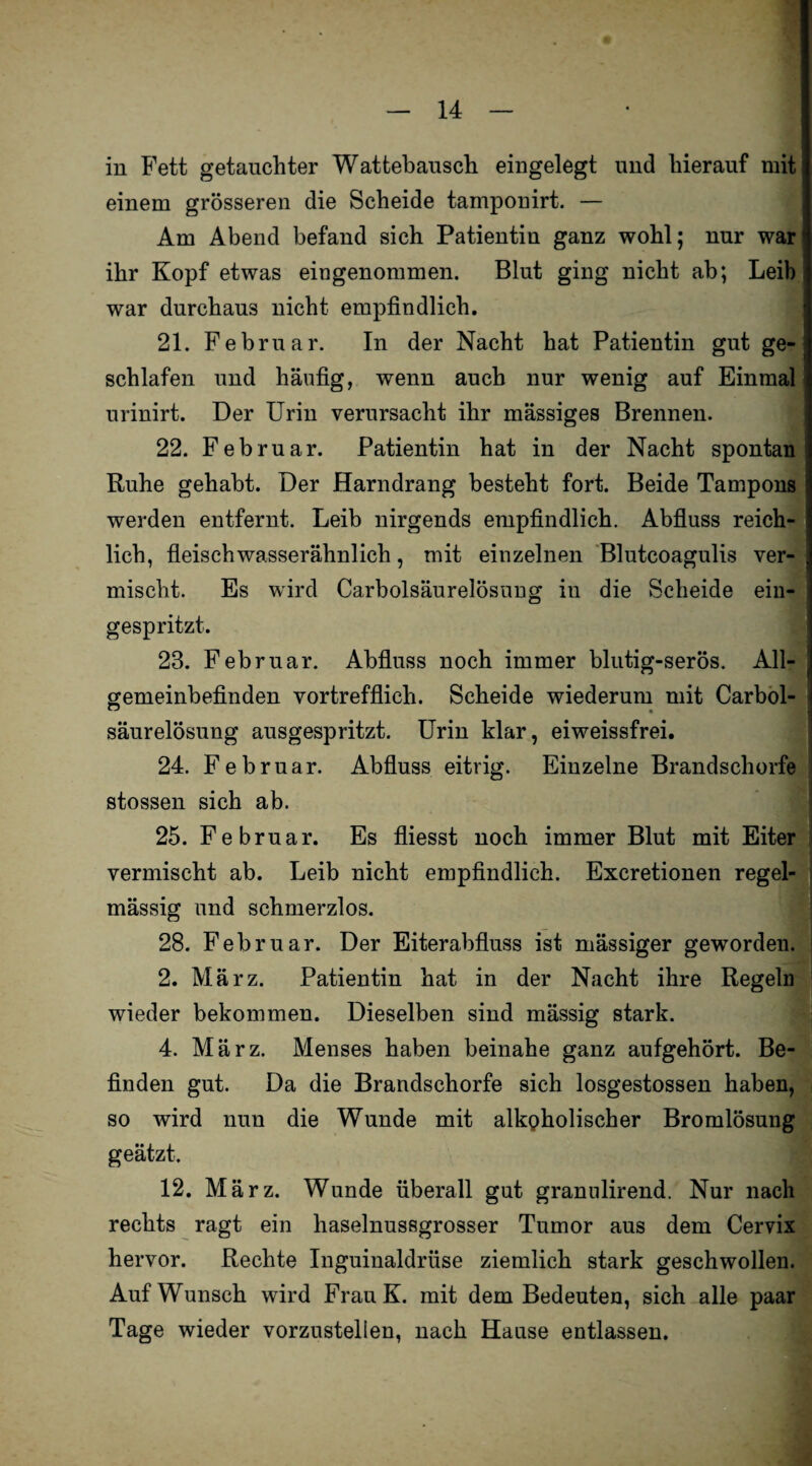 in Fett getauchter Wattebausch eingelegt und hierauf mit einem grösseren die Scheide tamponirt. — Am Abend befand sich Patientin ganz wohl; nur war ihr Kopf etwas eingenommen. Blut ging nicht ab; Leib war durchaus nicht empfindlich. 21. Februar. In der Nacht hat Patientin gut ge¬ schlafen und häufig, wenn auch nur wenig auf Einmal urinirt. Der Urin verursacht ihr massiges Brennen. 22. Februar. Patientin hat in der Nacht spontan Ruhe gehabt. Der Harndrang besteht fort. Beide Tampons werden entfernt. Leib nirgends empfindlich. Abfluss reich¬ lich, fleisch wasserähnlich, mit einzelnen Blutcoagulis ver¬ mischt. Es wird Carboisäurelösung in die Scheide ein¬ gespritzt. 23. Februar. Abfluss noch immer blutig-serös. All¬ gemeinbefinden vortrefflich. Scheide wiederum mit Carbol- säurelösung ausgespritzt. Urin klar, eiweissfrei. 24. Februar. Abfluss eitrig. Einzelne Brandschorfe stossen sich ab. 25. Februar. Es fliesst noch immer Blut mit Eiter vermischt ab. Leib nicht empfindlich. Excretionen regel¬ mässig und schmerzlos. 28. Februar. Der Eiterabfluss ist mässiger geworden. 2. März. Patientin hat in der Nacht ihre Regeln wieder bekommen. Dieselben sind mässig stark. 4. März. Menses haben beinahe ganz aufgehört. Be finden gut. Da die Brandschorfe sich losgestossen haben, so wird nun die Wunde mit alkoholischer Bromlösung geätzt. 12. März. Wunde überall gut grannlirend. Nur nach rechts ragt ein haselnussgrosser Tumor aus dem Cervix hervor. Rechte Inguinaldrüse ziemlich stark geschwollen. Auf Wunsch wird FrauK. mit dem Bedeuten, sich alle paar Tage wieder vorzustelien, nach Hause entlassen.