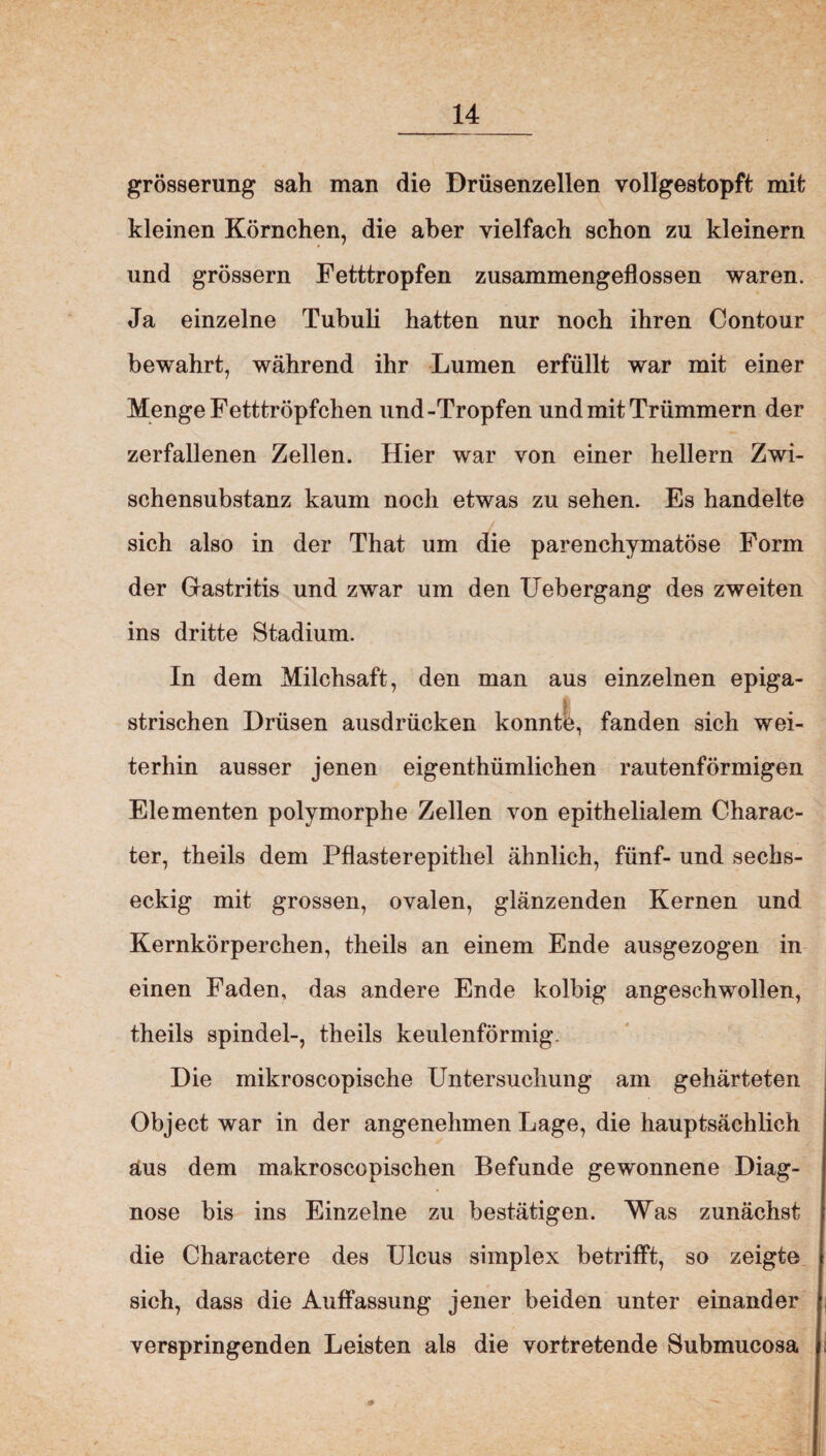 grösserung sah man die Drüsenzellen vollgestopft mit kleinen Körnchen, die aber vielfach schon zu kleinern und grossem Fetttropfen zusammengeflossen waren. Ja einzelne Tubuli hatten nur noch ihren Contour bewahrt, während ihr Lumen erfüllt war mit einer Menge Fetttröpfchen und-Tropfen und mit Trümmern der zerfallenen Zellen. Hier war von einer hellem Zwi¬ schensubstanz kaum noch etwas zu sehen. Es handelte sich also in der That um die parenchymatöse Form der Gastritis und zwar um den Uebergang des zweiten ins dritte Stadium. In dem Milchsaft, den man aus einzelnen epiga¬ strischen Drüsen ausdrücken konnte, fanden sich wei¬ terhin ausser jenen eigenthümlichen rautenförmigen Elementen polymorphe Zellen von epithelialem Charac- ter, theils dem Pflasterepithel ähnlich, fünf- und sechs¬ eckig mit grossen, ovalen, glänzenden Kernen und Kernkörperchen, theils an einem Ende ausgezogen in einen Faden, das andere Ende kolbig angeschwollen, theils spindel-, theils keulenförmig. Die mikroscopische Untersuchung am gehärteten Object war in der angenehmen Lage, die hauptsächlich äus dem makroscopischen Befunde gewonnene Diag¬ nose bis ins Einzelne zu bestätigen. Was zunächst die Charactere des Ulcus simplex betrifft, so zeigte sich, dass die Auffassung jener beiden unter einander verspringenden Leisten als die vortretende Submucosa