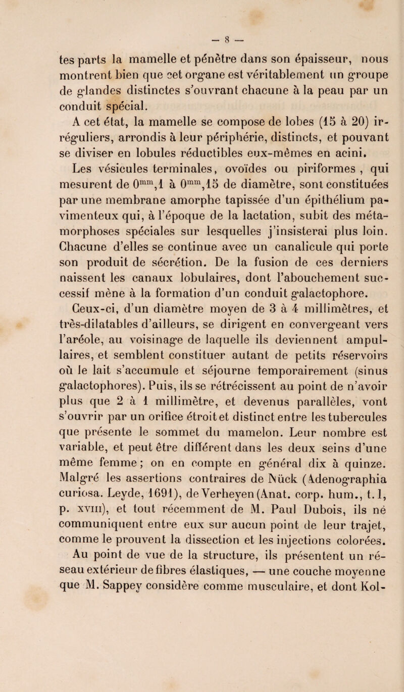 tes parts la mamelle et pénètre dans son épaisseur, nous montrent bien que cet organe est véritablement un groupe de glandes distinctes s'ouvrant chacune à la peau par un conduit spécial. A cet état, la mamelle se compose de lobes (15 à 20) ir¬ réguliers, arrondis à leur périphérie, distincts, et pouvant se diviser en lobules réductibles eux-mêmes en acini. Les vésicules terminales, ovoïdes ou piriformes , qui mesurent de 0mm,l à 0mm,15 de diamètre, sont constituées par une membrane amorphe tapissée d’un épithélium pa- vimenteux qui, à l’époque de la lactation, subit des méta¬ morphoses spéciales sur lesquelles j’insisterai plus loin. Chacune d’elles se continue avec un canalicule qui porte son produit de sécrétion. De la fusion de ces derniers naissent les canaux lobulaires, dont l'abouchement suc¬ cessif mène à la formation d’un conduit galactophore. Ceux-ci, d’un diamètre moyen de 3 à 4 millimètres, et très-dilatables d’ailleurs, se dirigent en convergeant vers l’aréole, au voisinage de laquelle ils deviennent ampul- laires, et semblent constituer autant de petits réservoirs où le lait s’accumule et séjourne temporairement (sinus galactophores). Puis, ils se rétrécissent au point de n’avoir plus que 2 à 1 millimètre, et devenus parallèles, vont s’ouvrir par un orifice étroit et distinct entre les tubercules que présente le sommet du mamelon. Leur nombre est variable, et peut être différent dans les deux seins d’une même femme ; on en compte en général dix à quinze. Malgré les assertions contraires de iNück (àdenographia curiosa. Leyde, 1691), de Yerheyen(Anat. corp. hum., t.l, p. xviii), et tout récemment de M. Paul Dubois, ils né communiquent entre eux sur aucun point de leur trajet, comme le prouvent la dissection et les injections colorées. Au point de vue de la structure, ils présentent un ré¬ seau extérieur défibrés élastiques, — une couche moyenne que M. Sappey considère comme musculaire, et dont Kol-