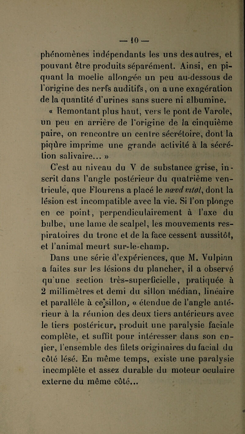 — !0 — phénomènes indépendants les uns des autres, et pouvant être produits séparément. Ainsi, en pi¬ quant la moelie allongée un peu au-dessous de l'origine des nerfs auditifs, on aune exagération de la quantité d’urines sans sucre ni albumine. « Remontant plus haut, vers le pont de Varole, un peu en arrière de l'origine de la cinquième paire, on rencontre un cenlre sécrétoire, dont la piqûre imprime une grande activité à la sécré¬ tion salivaire... » C’est au niveau du Y de substance grise, in¬ scrit dans l’angle postérieur du quatrième ven¬ tricule, que Flourens a placé le nœvdvital, dont la lésion est incompatible avec la vie. Si l’on plonge en ce point, perpendiculairement à l’axe du bulbe, une lame de scalpel, les mouvements res¬ piratoires du tronc et de la face cessent aussitôt, et l’animal meurt sur-le-champ. Dans une série d’expériences, que M. Vulpian a faites sur les lésions du plancher, il a observé qu'une section très-superficielle, pratiquée à 2 millimètres et demi du sillon médian, linéaire et parallèle à ce’sillon, « étendue de l’angle anté¬ rieur à la réunion des deux tiers antérieurs avec le tiers postérieur, produit une paralysie faciale complète, et suffit pour intéresser dans son en¬ tier, l’ensemble des Filets originaires du facial du côté lésé. En même temps, existe une paralysie incomplète et assez durable du moteur oculaire externe du même côté...