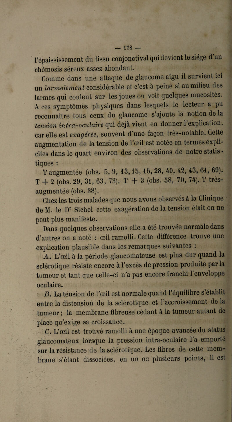 l’épaississement du tissu conjonctival qui devient le siège d'un chémosis séreux assez abondant. Gomme dans une attaque de glaucome aigu il survient ici un larmoiement considérable et c est a peine si au milieu des larmes qui coulent sur les joues on voit quelques mucosités. A ces symptômes physiques dans lesquels le lecteur a pu reconnaître tous ceux du glaucome s’ajoute la notion de la tension intra-oculaire qui déjà vient en donner 1 explication, car elle est exagérée, souvent d’une façon très-notable. Cette augmentation de la tension de 1 cnil est notée en termes expli¬ cites dans le quart environ des observations de notre statis - tiques : T augmentée (obs. 5, 9, 13,15, 16, 28, 40, 42, 43, 61, 69). T + 2 (obs. 29, 31, 63, 73). T + 3 (obs. 58, 70, 74). T très- augmentée (obs. 38). Chez les trois malades que nous avons observés à la Clinique de M. le Dr Sichel cette exagération de la tension était on ne peut plus manifeste. Dans quelques observations elle a été trouvée normale dans d’autres on a noté : œil ramolli. Cette différence trouve une explication plausible dans les remarques suivantes : A. L'œil à la période glaucomateuse est plus dur quand la sclérotique résiste encore à l'excès de pression produite par la tumeur et tant que celle-ci n'a pas encore franchi 1 enveloppe oculaire. B. La tension de l'œil est normale quand l’équilibre s’établit entre la distension de la sclérotique et l’accroissement de la tumeur ; la membrane fibreuse cédant à la tumeur autant de place qu’exige sa croissance. C* L’œil est trouvé ramolli à une époque avancée du status glaucomateux lorsque la pression intra-oculaire l'a emporté sur la résistance de la sclérotique. Les fibres de cette mem¬ brane s’étant dissociées, en un ou plusieurs points, il est
