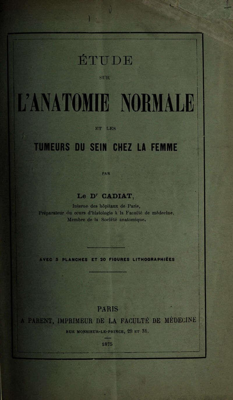 ■Hk ÉTUDE I *? t : i SUR L’ANATOMIE NORMALE ET LES TUMEURS DU SEIN CHEZ LA FEMME PA K Le Dr C ADI AT, Interne des hôpitaux de Paris, Préparateur du cours d’histologie à la Faculté de médecine, Membre de la Société anatomique. AVEC 3 PLANCHES ET 20 FIGURES LITHOGRAPHIÉES PARIS A PARENT, IMPRIMEUR DE LA FACULTÉ DE MÉDECINE BUE MONSIEUR-LE-PRINCE, 29 ET 31. 1875