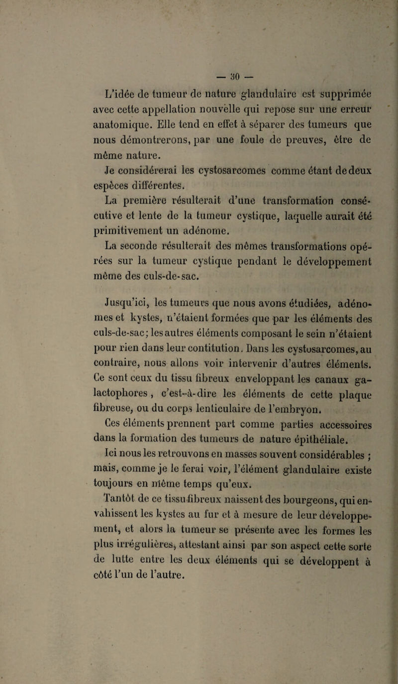 L’idée de tumeur de nature glandulaire est supprimée avec cette appellation nouvelle qui repose sur une erreur anatomique. Elle tend en effet à séparer des tumeurs que nous démontrerons, par une foule de preuves, être de même nature. Je considérerai les cystosarcomes comme étant de deux espèces différentes. La première résulterait d’une transformation consé¬ cutive et lente de la tumeur cystique, laquelle aurait été primitivement un adénome. La seconde résulterait des mêmes transformations opé¬ rées sur la tumeur cystique pendant le développement même des culs-de-sac. Jusqu’ici, les tumeurs que nous avons étudiées, adéno* mes et kystes, n’étaient formées que par les éléments des culs-de-sac; les autres éléments composant le sein n’étaient pour rien dans leur contitution, Dans les cystosarcomes, au contraire, nous allons voir intervenir d’autres éléments. Ce sont ceux du tissu fibreux enveloppant les canaux ga- lactopliores , c’est-à-dire les éléments de cette plaque fibreuse, ou du corps lenticulaire de l’embryon. Ces éléments prennent part comme parties accessoires dans la formation des tumeurs de nature épithéliale. Ici nous les retrouvons en masses souvent considérables ; mais, comme je le ferai voir, l’élément glandulaire existe toujours en nlême temps qu’eux. Tantôt de ce tissu fibreux naissent des bourgeons, qui en¬ vahissent les kystes au fur et à mesure de leur développe¬ ment, et alors la tumeur se présente avec les formes les plus irrégulières, attestant ainsi par son aspect cette sorte de lutte entre les deux éléments qui se développent à côté l’un de l’autre.