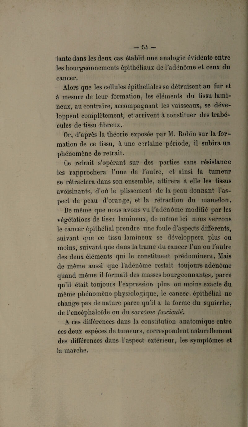 tante dans les deux cas établit une analogie évidente entre les bourgeonnements épithéliaux de l’adénôme et ceux du cancer. Alors que les cellules épitheliales se détruisent au fur et à mesure de leur formation, les éléments du tissu lami- neux, au contraire, accompagnant les vaisseaux, se déve¬ loppent complètement, et arrivent à constituer des trabé¬ cules de tissu fibreux. Or, d’après la théorie exposée par M. Robin sur la for¬ mation de ce tissu, à une certaine période, il subira un phénomène de retrait. Ce retrait s’opérant sur des parties sans résistance les rapprochera Tune de l’autre, et ainsi la tumeur se rétractera dans son ensemble, attirera à elle les tissus avoisinants, d’où le plissement de la peau donnant l’as¬ pect de peau d’orange, et la rétraction du mamelon. De même que nous avons vu l’adénôme modifié par les végétations de tissu lamineux, de même ici nous verrons le cancer épithélial prendre une foule d’aspects différents, suivant que ce tissu lamineux se développera plus ou moins, suivant que dans la trame du cancer l’un ou l’autre des deux éléments qui le constituent prédominera. Mais de même aussi que l’adénôme restait toujours adénôme quand même il formait des masses bourgeonnantes, parce qu’il était toujours l’expression plus ou moins exacte du même phénomène physiologique, le cancer. épithélial ne change pas de nature parce qu’il a la forme du squirrhe, de l’encéphaloïde ou du sarcome fasciculé, A ces différences dans la constitution anatomique entre ces deux espèces de tumeurs, correspondent naturellement des différences dans l’aspect extérieur, les symptômes et la marche.