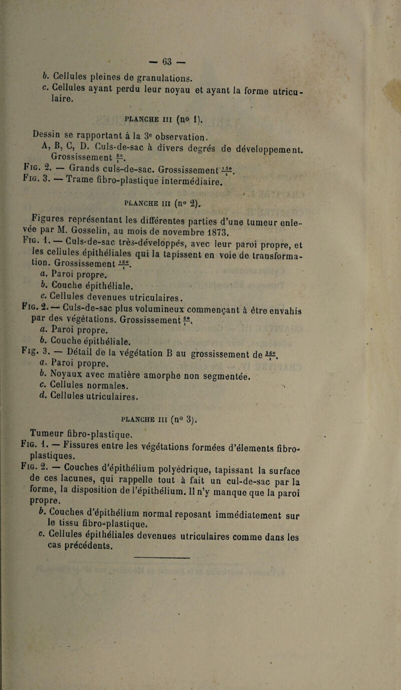 b. Cellules pleines de granulations. c. Cellules ayant perdu leur noyau et ayant la forme utricu- laire. planche m (no 1). Dessin se rapportant à la 3e observation. A, .B, C, D. Culs-de-sac à divers degrés de développement. Grossissement f^. Fig. 2. — Grands culs-de-sac. Grossissement Fig. 3. — Trame fibro-plastique intermédiaire. » PLANCHE III (n° 2). Figures représentant les différentes parties d’une tumeur enle¬ vée par M. Gosselin, au mois de novembre 1873. Fig. I. Culs-de-sac très-développés, avec leur paroi propre, et les cellules épithéliales qui la tapissent en voie de transforma¬ tion. Grossissement a. Paroi propre. b. Couche épithéliale. c• Cellules devenues utriculaires. Fig. 2. — Culs-de-sac plus volumineux commençant à être envahis par des végétations. Grossissement f^. а. Paroi propre. б. Couche épithéliale. Fig. 3. — Détail de la végétation B au grossissement de^p. a. Paroi propre, b. Noyaux avec matière amorphe non segmentée. c. Cellules normales. d. Cellules utriculaires. PLANCHE III (n° 3). Tumeur fibro-plastique. Fig. 1. - Fissures entre les végétations formées d’élements fibro- plastiques. Fig. 2. — Couches d'épithélium polyédrique* tapissant la surface de ces lacunes, qui rappelle tout à fait un cul-de-sac par la forme, la disposition de l’épithélium. Il nV manque que la paroi propre. b. Couches d’épithélium normal reposant immédiatement sur le tissu fibro-plastique4 c. Cellules épithéliales devenues utriculaires comme dans les cas précédents.
