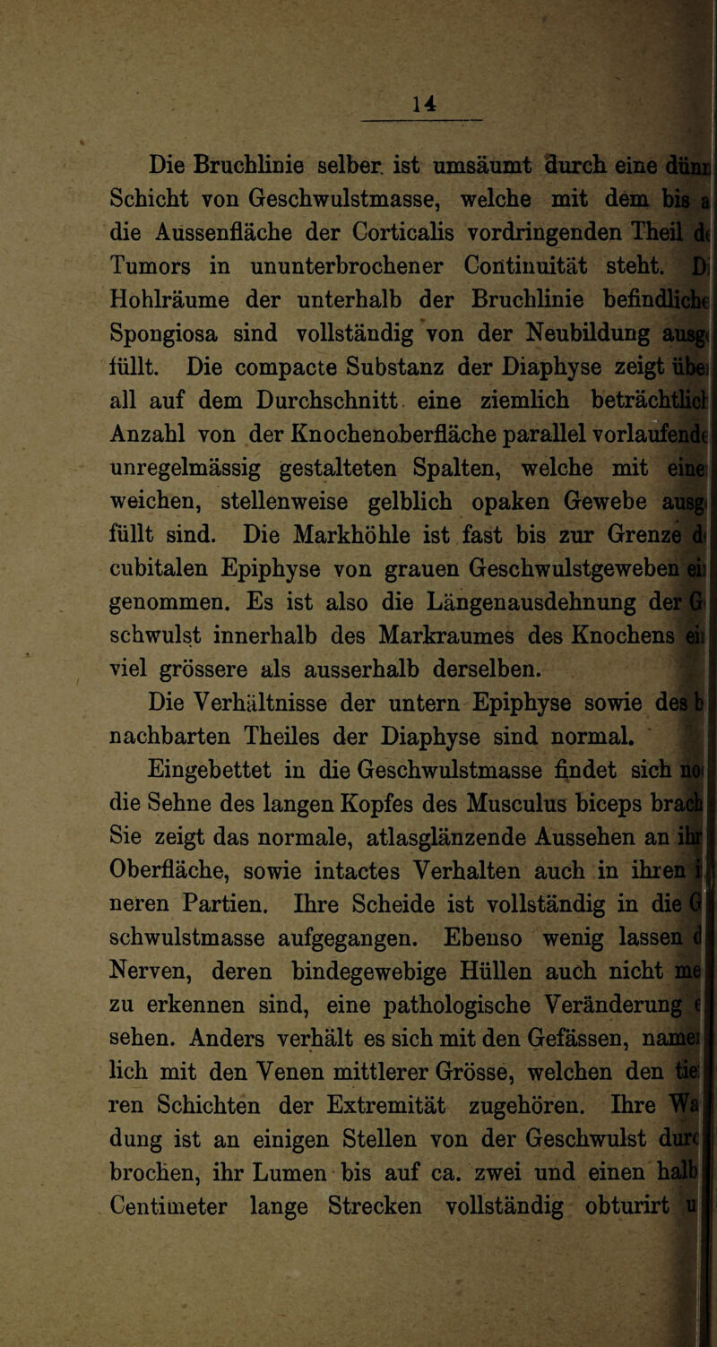 Die Bruchlinie selber, ist umsäumt durch eine dünrl Schicht von Geschwulstmasse, welche mit dem bis a die Aussenfläche der Corticalis vordringenden Theil de; Tumors in ununterbrochener Continuität steht. D Hohlräume der unterhalb der Bruchlinie befindliche Spongiosa sind vollständig von der Neubildung ausg< lullt. Die compacte Substanz der Diaphyse zeigt übej all auf dem Durchschnitt eine ziemlich beträchtlich Anzahl von der Knochenoberfläche parallel vorlaufende unregelmässig gestalteten Spalten, welche mit eine weichen, stellenweise gelblich opaken Gewebe ausg füllt sind. Die Markhöhle ist fast bis zur Grenze d cubitalen Epiphyse von grauen Geschwulstgeweben ei genommen. Es ist also die Längenausdehnung der G schwulst innerhalb des Markraumes des Knochens eii viel grössere als ausserhalb derselben. Die Verhältnisse der untern Epiphyse sowie des b i nachbarten Theiles der Diaphyse sind normal. Eingebettet in die Geschwulstmasse findet sich no* die Sehne des langen Kopfes des Musculus biceps brach jjj Sie zeigt das normale, atlasglänzende Aussehen an ihr i Oberfläche, sowie intactes Verhalten auch in ihren i:| neren Partien. Ihre Scheide ist vollständig in die G schwulstmasse aufgegangen. Ebenso wenig lassen d| Nerven, deren bindegewebige Hüllen auch nicht me zu erkennen sind, eine pathologische Veränderung e sehen. Anders verhält es sich mit den Gefässen, namen lieh mit den Venen mittlerer Grösse, welchen den tie 1 ren Schichten der Extremität zugehören. Ihre Wa düng ist an einigen Stellen von der Geschwulst durc brochen, ihr Lumen bis auf ca. zwei und einen halb! Centimeter lange Strecken vollständig obturirt u