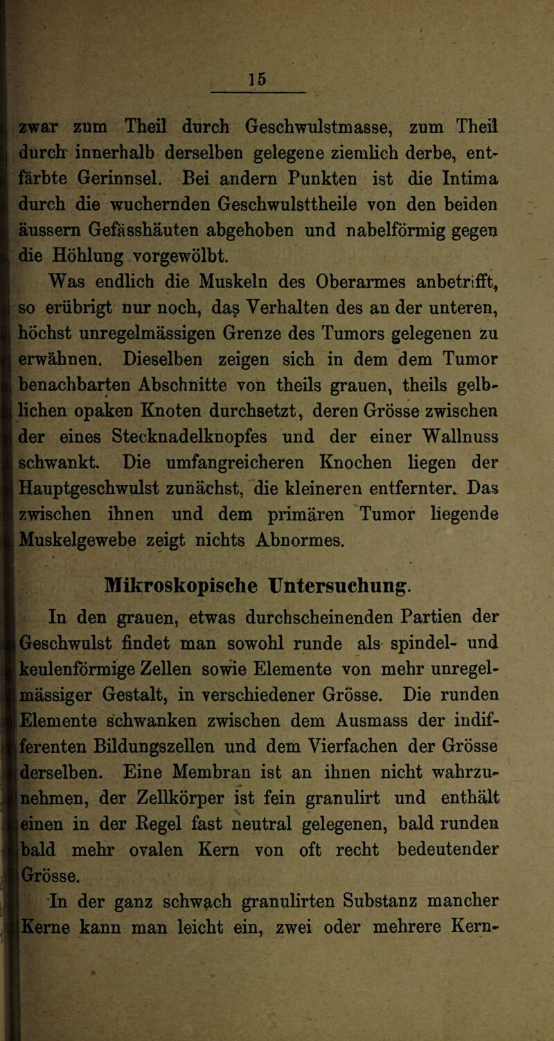 zwar zum Theil durch Geschwulstmasse, zum Theil durch innerhalb derselben gelegene ziemlich derbe, ent¬ färbte Gerinnsel. Bei andern Punkten ist die Intima durch die wuchernden Geschwulsttheile von den beiden äussern Gefässhäuten abgehoben und nabelförmig gegen die Höhlung vorgewölbt. Was endlich die Muskeln des Oberarmes anbetrifft, so erübrigt nur noch, das Verhalten des an der unteren, höchst unregelmässigen Grenze des Tumors gelegenen zu erwähnen. Dieselben zeigen sich in dem dem Tumor benachbarten Abschnitte von theils grauen, theils gelb¬ lichen opaken Knoten durchsetzt, deren Grösse zwischen der eines Stecknadelknopfes und der einer Wallnuss schwankt. Die umfangreicheren Knochen liegen der Hauptgeschwulst zunächst, die kleineren entfernter. Das zwischen ihnen und dem primären Tumor liegende Muskelgewebe zeigt nichts Abnormes. Mikroskopische Untersuchung. In den grauen, etwas durchscheinenden Partien der Geschwulst findet man sowohl runde als spindel- und i keulenförmige Zellen sowie Elemente von mehr unregel¬ mässiger Gestalt, in verschiedener Grösse. Die runden Elemente schwanken zwischen dem Ausmass der indif- jferenten Bildungszellen und dem Vierfachen der Grösse j derselben. Eine Membran ist an ihnen nicht wahrzu- ’* ►<* (nehmen, der Zellkörper ist fein granulirt und enthält Jemen in der Regel fast neutral gelegenen, bald runden bald mehr ovalen Kern von oft recht bedeutender Grösse. In der ganz schwach granulirten Substanz mancher Kerne kann man leicht ein, zwei oder mehrere Kern-