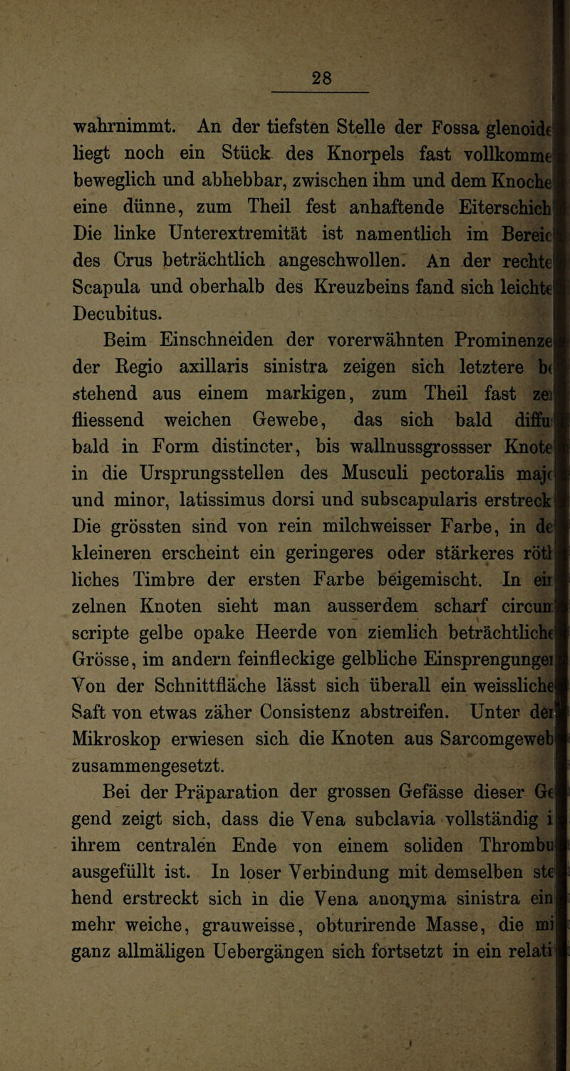 wahrnimmt. An der tiefsten Stelle der Fossa glenoidt liegt noch ein Stück des Knorpels fast vollkommt beweglich und abhebbar, zwischen ihm und dem Knoche eine dünne, zum Theil fest anhaftende Eiterschich Die linke Unterextremität ist namentlich im Bereit1 des Crus beträchtlich angeschwollen. An der rechte Scapula und oberhalb des Kreuzbeins fand sich leichte Decubitus. Beim Einschneiden der vorerwähnten Prominenzen der Regio axillaris sinistra zeigen sich letztere be stehend aus einem markigen, zum Theil fast zei fliessend weichen Gewebe, das sich bald diffu bald in Form distincter, bis wallnussgrossser Knote in die Ursprungsstellen des Musculi pectoralis majt und minor, latissimus dorsi und subscapularis erstreck Die grössten sind von rein milchweisser Farbe, in de kleineren erscheint ein geringeres oder stärkeres rötl liches Timbre der ersten Farbe beigemischt. In eii zelnen Knoten sieht man ausserdem scharf circun - \ scripte gelbe opake Heerde von ziemlich beträchtliche Grösse, im andern feinfleckige gelbliche Einsprengunge! Von der Schnittfläche lässt sich überall ein weissliche Saft von etwas zäher Consistenz abstreifen. Unter dei Mikroskop erwiesen sich die Knoten aus Sarcomgeweb zusammengesetzt. Bei der Präparation der grossen Gefässe dieser Ge gend zeigt sich, dass die Vena subclavia vollständig i ihrem centralen Ende von einem soliden Thrombu ausgefüllt ist. In loser Verbindung mit demselben ste hend erstreckt sich in die Vena anoiiyma sinistra ein mehr weiche, grauweisse, obturirende Masse, die mi ganz allmäligen Uebergängen sich fortsetzt in ein relati i