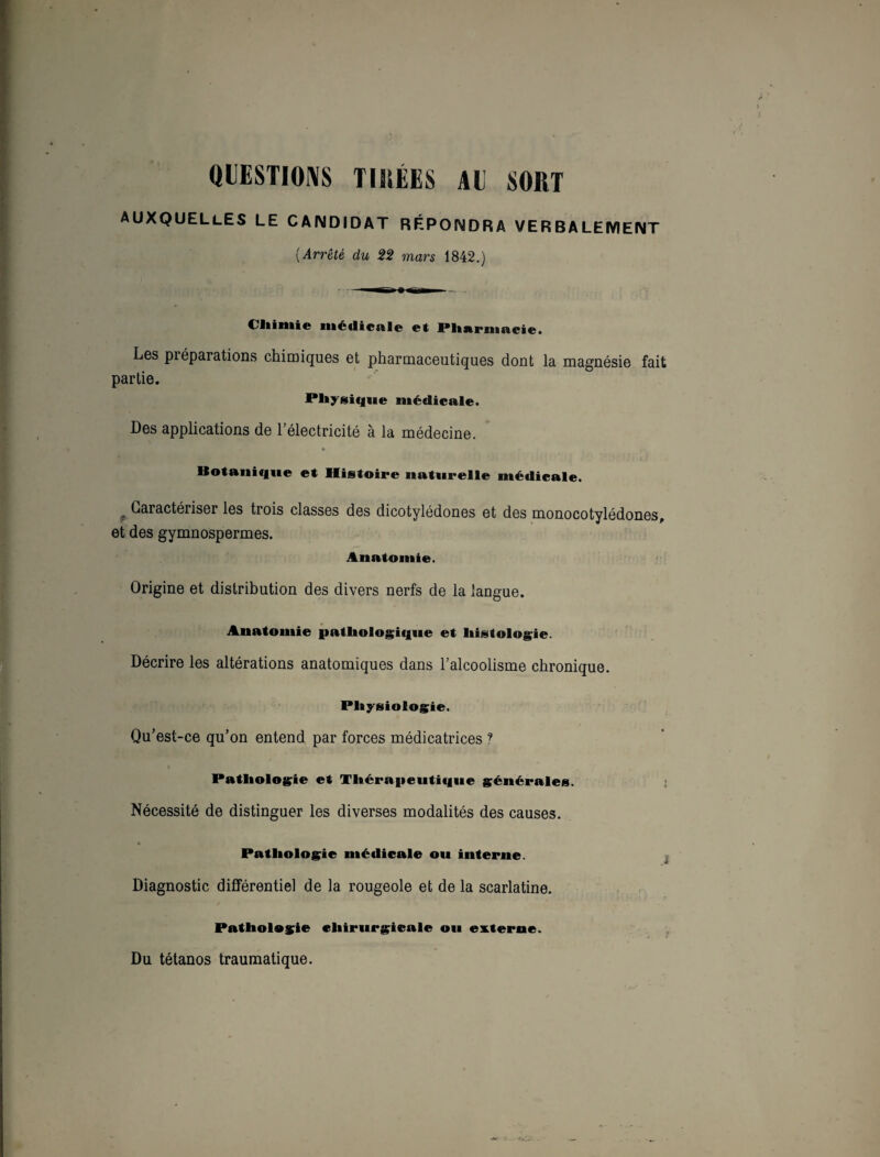 QUESTIONS HUÉES AU SORT auxquelles le candidat répondra verbalement ( Arrêté du 22 mars 1842.) Chimie médicale et Pharmacie. Les préparations chimiques et pharmaceutiques dont la magnésie fait partie. Physique médicale. Des applications de l’électricité à la médecine. Botanique et Histoire naturelle médicale. f Caractériser les trois classes des dicotylédones et des monocotylédones, et des gymnospermes. Anatomie. Origine et distribution des divers nerfs de la langue. Anatomie pathologique et histologie. Décrire les altérations anatomiques dans l’alcoolisme chronique. Physiologie. Qu’est-ce qu’on entend par forces médicatrices ? Pathologie et Thérapeutique générales. Nécessité de distinguer les diverses modalités des causes. Pathologie médicale ou interne. Diagnostic différentiel de la rougeole et de la scarlatine. Pathologie chirurgicale ou externe. Du tétanos traumatique.