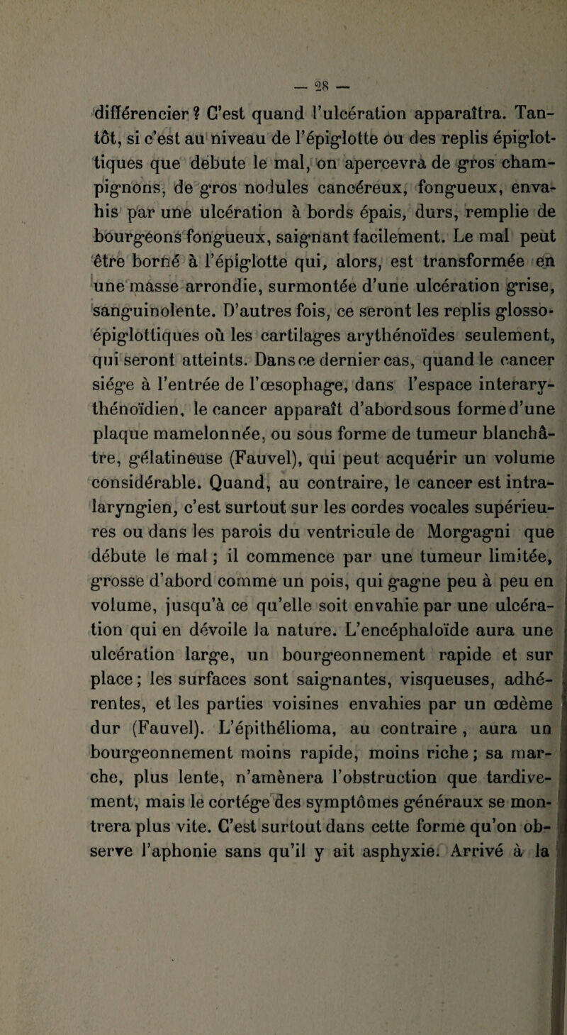 différencier ? C’est quand l’ulcération apparaîtra. Tan¬ tôt, si c’est au niveau de l'épiglotte ou des replis épigdot- tiques que débuté le mal, on apercevra de gros cham¬ pignons, de gros nodules cancéreux, fong’ueux, enva¬ his par une ulcération à bords épais, durs, remplie de bourgeons fong’ueux, saignant facilement. Le mal peut être borné à l’épiglotte qui, alors, est transformée en une masse arrondie, surmontée d’une ulcération grise, sanguinolente. D’autres fois, ce seront les replis glosso- épig’lottiques où les cartilag*es arythénoïdes seulement, qui seront atteints. Dans ce dernier cas, quand le cancer siég*e à l’entrée de l’œsophage, dans l’espace interary- thénoïdien, le cancer apparaît d’abordsous formed’une plaque mamelonnée, ou sous forme de tumeur blanchâ¬ tre, gélatineuse (Fauvel), qui peut acquérir un volume considérable. Quand, au contraire, le cancer est intra- laryngâen, c’est surtout sur les cordes vocales supérieu¬ res ou dans les parois du ventricule de Morg*agni que débute le mal ; il commence par une tumeur limitée, grosse d’abord comme un pois, qui g*agne peu à peu en volume, jusqu’à ce qu’elle soit envahie par une ulcéra¬ tion qui en dévoile la nature. L’encéphaloïde aura une ulcération larg*e, un bourgeonnement rapide et sur place; les surfaces sont saignantes, visqueuses, adhé¬ rentes, et les parties voisines envahies par un œdème dur (Fauvel). L’épithélioma, au contraire, aura un bourgeonnement moins rapide, moins riche ; sa mar¬ che, plus lente, n’amènera l’obstruction que tardive¬ ment, mais le cortège des symptômes généraux se mon¬ trera plus vite. C’est surtout dans cette forme qu’on ob¬ serve l’aphonie sans qu’il y ait asphyxie. Arrivé à la