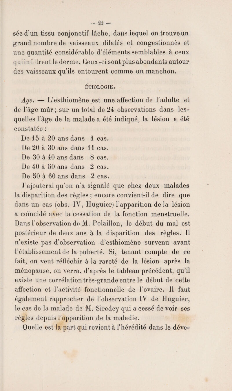 séed’un tissu conjonctif lâche, dans lequel on trouve un grand nombre de vaisseaux dilatés et congestionnés et une quantité considérable d’éléments semblables à ceux qui infiltrent le derme. Ceux-ci sont plus abondants autour des vaisseaux qu’ils entourent comme un manchon. ÉTIOLOGIE. Age. — L’esthiomène est une affection de l’adulte et de l’âge mûr; sur un total de 24 observations dans les¬ quelles l’âge de la malade a été indiqué, la lésion a été constatée : De 15 à 20 ans dans 1 cas. De 20 à 30 ans dans 11 cas. De 30 à 40 ans dans 8 cas. De 40 à 50 ans dans 2 cas. De 50 à 60 ans dans 2 cas. J’ajouterai qu’on n’a signalé que chez deux malades la disparition des règles ; encore convient-il de dire que dans un cas (obs. IV, Huguier) l’apparition delà lésion a coïncidé avec la cessation de la fonction menstruelle. Dans l’observation de M. Polaillon , le début du mal est postérieur de deux ans à la disparition des règles. 11 n’existe pas d’observation d’esthiomène survenu avant l’établissement de la puberté. Si, tenant compte de ce fait, on veut réfléchir à la rareté de la lésion après la ménopause, on verra, d’après le tableau précédent, qu’il existe une corrélation très-grande entre le début de cette affection et l’activité fonctionnelle de Tovaire. 11 faut également rapprocher de l’observation IV de Huguier, le cas de la malade de M. Siredey qui a cessé de voir ses règles depuis l’apparition de la maladie. Quelle est la part qui revient à l’hérédité dans le déve-