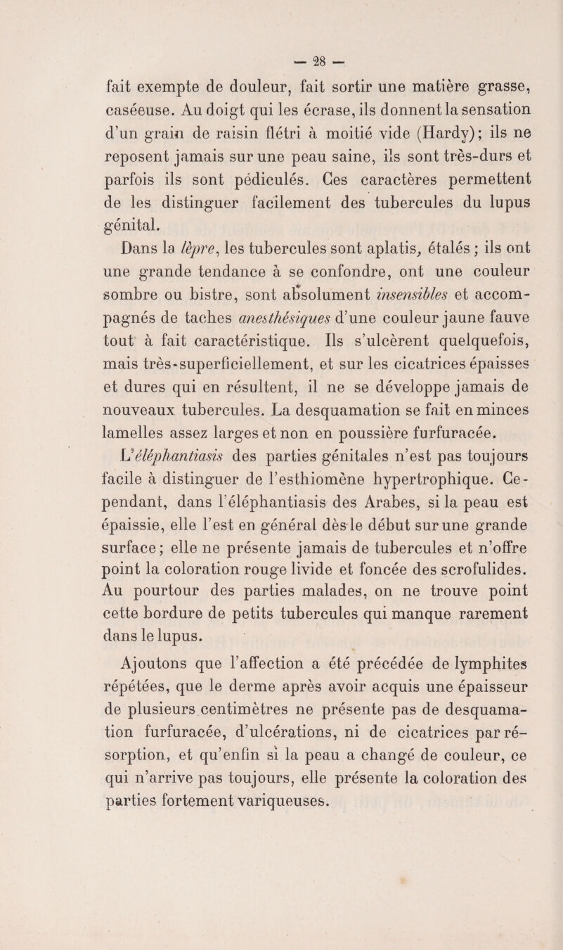 fait exempte de douleur, fait sortir une matière grasse, caséeuse. Au doigt qui les écrase, ils donnent la sensation d’un grain de raisin flétri à moitié vide (Hardy) ; ils ne reposent jamais sur une peau saine, ils sont très-durs et parfois ils sont pédiculés. Ces caractères permettent de les distinguer facilement des tubercules du lupus génital. Dans la lèpre, les tubercules sont aplatis, étalés ; ils ont une grande tendance a se confondre, ont une couleur sombre ou bistre, sont absolument insensibles et accom¬ pagnés de taches anesthésiques d’une couleur jaune fauve tout à fait caractéristique. Ils s’ulcèrent quelquefois, mais très'superficiellement, et sur les cicatrices épaisses et dures qui en résultent, il ne se développe jamais de nouveaux tubercules. La desquamation se fait en minces lamelles assez larges et non en poussière furfuracée. Uéléphantiasis des parties génitales n’est pas toujours facile à distinguer de l’esthiomène hypertrophique. Ce¬ pendant, dans l’éléphantiasis des Arabes, si la peau est épaissie, elle l’est en général dès le début sur une grande surface; elle ne présente jamais de tubercules et n’offre point la coloration rouge livide et foncée des scrofulides. Au pourtour des parties malades, on ne trouve point cette bordure de petits tubercules qui manque rarement dans le lupus. Ajoutons que l’affection a été précédée de lymphites répétées, que le derme après avoir acquis une épaisseur de plusieurs centimètres ne présente pas de desquama¬ tion furfuracée, d’ulcérations, ni de cicatrices par ré¬ sorption, et qu’enfin si la peau a changé de couleur, ce qui n’arrive pas toujours, elle présente la coloration des parties fortement variqueuses.