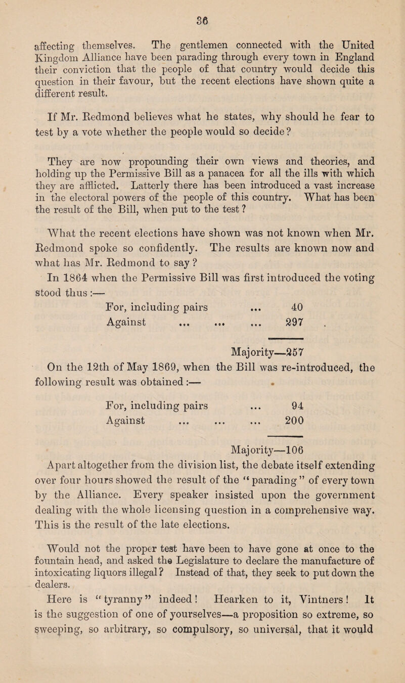 affecting themselves. The gentlemen connected with the United Kingdom Alliance have been parading through every town in England their conviction that the people of that country would decide this question in their favour, but the recent elections have shown quite a different result. If Mr. Redmond believes what he states, why should he fear to test by a vote whether the people would so decide ? They are now propounding their own views and theories, and holding up the Permissive Bill as a panacea for all the ills with which they are afflicted. Latterly there lias been introduced a vast increase in the electoral powers of the people of this country. What has been the result of the Bill, when put to the test ? What the recent elections have shown was not known when Mr. Redmond spoke so confidently. The results are known now and what has Mr. Redmond to say ? In 1864 when the Permissive Bill was first introduced the voting stood thus:— For, including pairs ... 40 Against ... ... ... 297 Majority—257 On the 12th of May 1869, when the Bill was re-introduced, the following result was obtained :— For, including pairs ... 94 Against ... ... ... 200 Majority—106 Apart altogether from the division list, the debate itself extending over four hours showed the result of the “parading” of every town hy the Alliance. Every speaker insisted upon the government dealing with the whole licensing question in a comprehensive way. This is the result of the late elections. Would not the proper test have been to have gone at once to the fountain head, and asked th© Legislature to declare the manufacture of intoxicating liquors illegal ? Instead of that, they seek to put down the dealers. Here is “ tyranny ” indeed! Hearken to it, Vintners ! It is the suggestion of one of yourselves—a proposition so extreme, so sweeping, so arbitrary, so compulsory, so universal, that it would