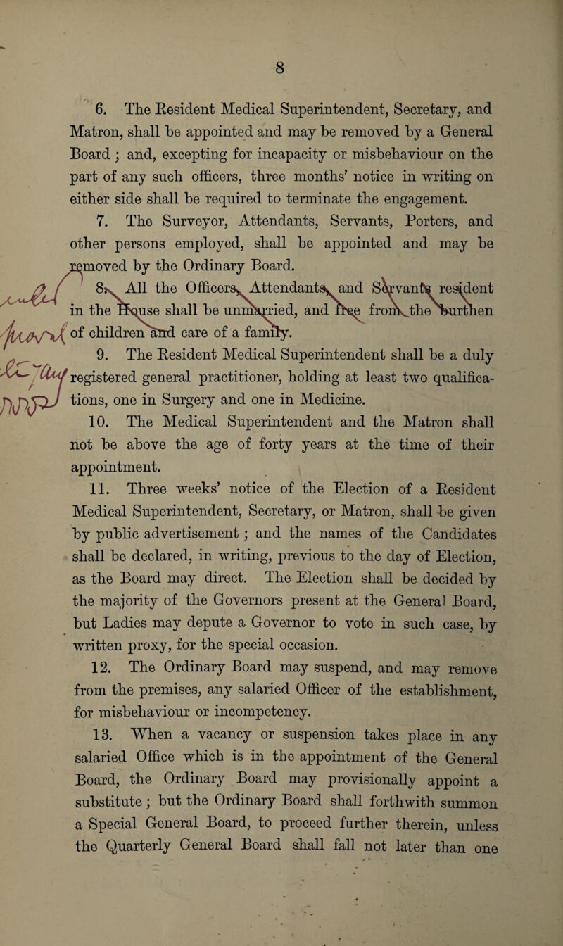 >ec ■:h 6. The Resident Medical Superintendent, Secretary, and Matron, shall he appointed and may he removed by a General Board ; and, excepting for incapacity or misbehaviour on the part of any such officers, three months’ notice in writing on either side shall be required to terminate the engagement. 7. The Surveyor, Attendants, Servants, Porters, and other persons employed, shall be appointed and may be removed by the Ordinary Board. A / 8k All the Officers^ Attendants^ and Servants resident in the mmse shall be unmarried, and then from^theBurthen jii (h.f\A °f childrenatrd care of a family. 9. The Resident Medical Superintendent shall be a duly registered general practitioner, holding at least two qualifica- y, poj tions, one in Surgery and one in Medicine. 10. The Medical Superintendent and the Matron shall not be above the age of forty years at the time of their appointment. 11. Three weeks’ notice of the Election of a Resident Medical Superintendent, Secretary, or Matron, shall be given by public advertisement; and the names of the Candidates shall be declared, in writing, previous to the day of Election, as the Board may direct. The Election shall be decided by the majority of the Governors present at the General Board, but Ladies may depute a Governor to vote in such case, by written proxy, for the special occasion. 12. The Ordinary Board may suspend, and may remove from the premises, any salaried Officer of the establishment, for misbehaviour or incompetency. 13. When a vacancy or suspension takes place in any salaried Office which is in the appointment of the General Board, the Ordinary Board may provisionally appoint a substitute; but the Ordinary Board shall forthwith summon a Special General Board, to proceed further therein, unless the Quarterly General Board shall fall not later than one