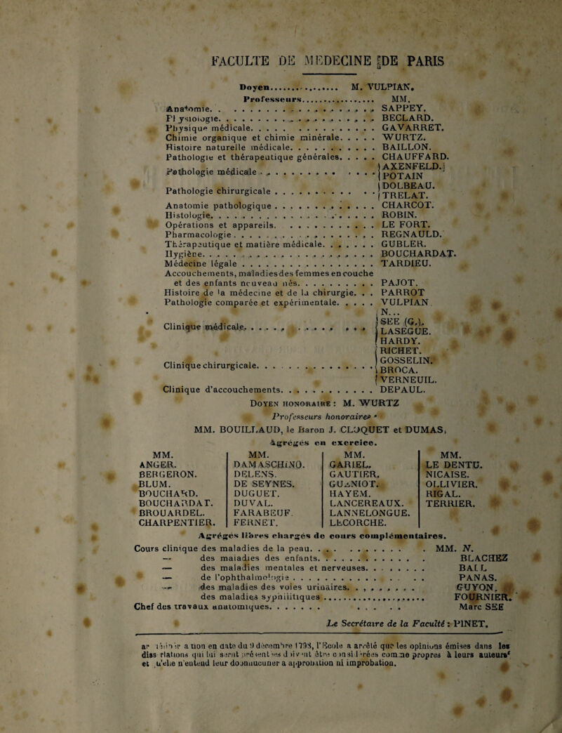 FACULTE DE MEDECINE JDE PARIS Doyen. M. VULPIAK. Professeurs. MM. Ana+omie., . „ SAPPEY. Fl ysioiogie.. BECLARD. Physique médicale.GAVARRET. Chimie organique et chimie minérale.WURTZ. Histoire naturelle médicale.BAILLON. Pathologie et thérapeutique générales.CHAUFFARD. . .... lAXENFELD.i Pathologie medicale.POTAIN 0 ... . ... - , IDOLBEAU. Pathologie chirurgicale.j TRELAT Anatomie pathologique.. . . . . CHARCOT. Histologie. ... .•.ROBIN. Opérations et appareils. .LE FORT. Pharmacologie. REGNAULD. Thérapeutique et matière médicale.GUBLER. Hygiène.. , . . . BOUCHARDAT* Médecine légale.TARDIEU. Accouchements, maladies des femmes en couche et des enfants nouveau nés.PAJOT. Histoire de >a médecine et de lu chirurgie. . . PARROT Pathologie comparée et expérimentale.VULPIAN (N... SEE (G.). ''••••* • * ' LASEGUE. f HARDY. ( RICHET. GOSSELIN. .1 BROCA. ( VERNEUIL. Clinique d’accouchements.DEPAUL. Doyen honoraibe : M. WURTZ Professeurs honorairef * MM. BOUILLAUD, le Baron J. CLOQUET et DUMAS, Clinique médicale. . Clinique chirurgicale. * # Agrégés eu exercice. MM. MM. MM. MM. ANGER. DAM ASCHiNO. GARIEL. LE DENTU. BEBGERON. DELENS. GAUTIER. NICAISE. BLUM. DE SEYNES. GUu-NIOT. OLLIVIER. BOUCHARD. DUGUET. HAYEM. RIGAL. BOUCHARDAT. BROUARDEL. CHARPENTIER. duval. FARABEUF. FERNET. LANCEREAUX. LANNELONGUE. LLCORCHE. TERRIER. Agrégés libres chargés de cours complémentaires. Cours clinique des maladies de la peau. . MM. N. — des maladies des enfants. BLACHEZ — des maladies mentales et nerveuses. BAIL — de l’ophthalmologie. . . . . PANAS. des maladies des voies urinaires. GUYON, ( des maladies syphilitiques... FOURNIER, Chef des travaux anatomiques. ... . . Marc SEE Le Secrétaire de la Faculté : PINET. ar l'iiinu* a non en date du !)décembre I79S, l’Moule a arrêté que les opinions émises dans le* diss r laitons qui lui serut présent “.es d h voit être c >nsi I -rées comme propres à leurs auteurs* et u’ehe n'entend leur dojnuucuner a approbation ni improbation.