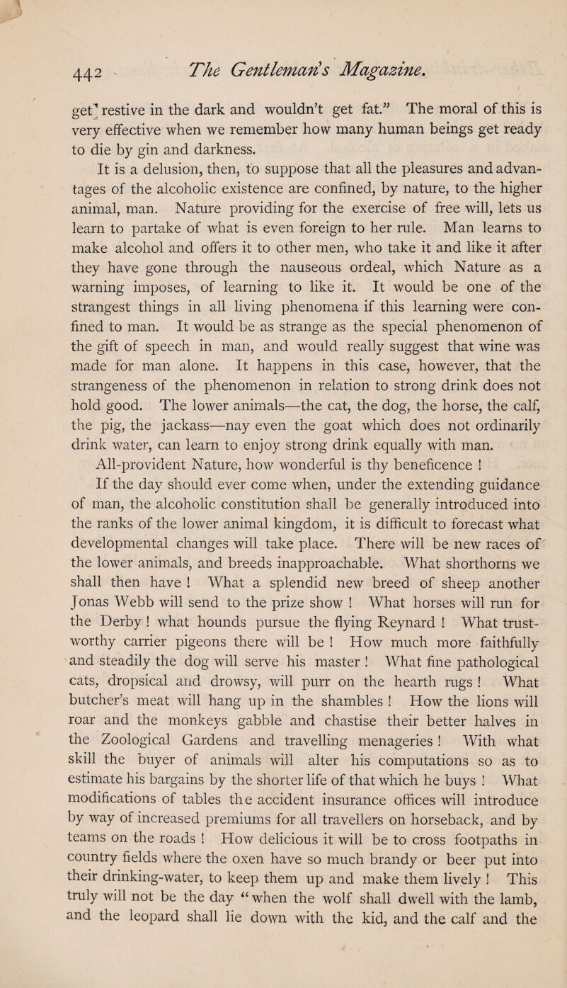 get’] restive in the dark and wouldn’t get fat.” The moral of this is very effective when we remember how many human beings get ready to die by gin and darkness. It is a delusion, then, to suppose that all the pleasures and advan¬ tages of the alcoholic existence are confined, by nature, to the higher animal, man. Nature providing for the exercise of free will, lets us learn to partake of what is even foreign to her rule. Man learns to make alcohol and offers it to other men, who take it and like it after they have gone through the nauseous ordeal, which Nature as a warning imposes, of learning to like it. It would be one of the strangest things in all living phenomena if this learning were con¬ fined to man. It would be as strange as the special phenomenon of the gift of speech in man, and would really suggest that wine was made for man alone. It happens in this case, however, that the strangeness of the phenomenon in relation to strong drink does not hold good. The lower animals—the cat, the dog, the horse, the calf, the pig, the jackass—nay even the goat which does not ordinarily drink water, can learn to enjoy strong drink equally with man. All-provident Nature, how wonderful is thy beneficence ! If the day should ever come when, under the extending guidance of man, the alcoholic constitution shall be generally introduced into the ranks of the lower animal kingdom, it is difficult to forecast what developmental changes will take place. There will be new races of the lower animals, and breeds inapproachable. What shorthorns we shall then have ! What a splendid new breed of sheep another Jonas Webb will send to the prize show ! What horses will run for the Derby ! what hounds pursue the flying Reynard ! What trust¬ worthy carrier pigeons there will be ! How much more faithfully and steadily the dog will serve his master ! What fine pathological cats, dropsical and drowsy, will purr on the hearth rugs ! What butcher’s meat will hang up in the shambles ! How the lions will roar and the monkeys gabble and chastise their better halves in the Zoological Gardens and travelling menageries ! With what skill the buyer of animals will alter his computations so as to estimate his bargains by the shorter life of that which he buys ! What modifications of tables the accident insurance offices will introduce by way of increased premiums for all travellers on horseback, and by teams on the roads ! How delicious it will be to cross footpaths in country fields where the oxen have so much brandy or beer put into their drinking-water, to keep them up and make them lively ! This truly will not be the day ‘‘ when the wolf shall dwell with the lamb, and the leopard shall lie down with the kid, and the calf and the