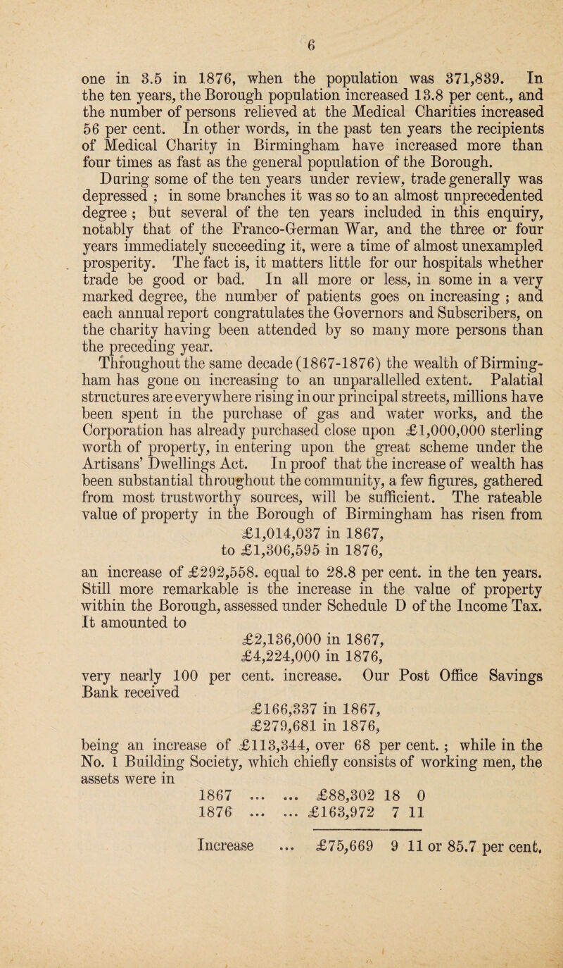 one in 3.5 in 1876, when the population was 371,839. In the ten years, the Borough population increased 13.8 per cent., and the number of persons relieved at the Medical Charities increased 56 per cent. In other words, in the past ten years the recipients of Medical Charity in Birmingham have increased more than four times as fast as the general population of the Borough. During some of the ten years under review, trade generally was depressed ; in some branches it was so to an almost unprecedented degree ; but several of the ten years included in this enquiry, notably that of the Franco-G-erman War, and the three or four years immediately succeeding it, were a time of almost unexampled prosperity. The fact is, it matters little for our hospitals whether trade be good or bad. In all more or less, in some in a very marked degree, the number of patients goes on increasing ; and each annual report congratulates the Governors and Subscribers, on the charity having been attended by so many more persons than the preceding year. Throughout the same decade (1867-1876) the wealth of Birming¬ ham has gone on increasing to an unparallelled extent. Palatial structures are every where rising in our principal streets, millions have been spent in the purchase of gas and water works, and the Corporation has already purchased close upon <£1,000,000 sterling worth of property, in entering upon the great scheme under the Artisans’ Dwellings Act. In proof that the increase of wealth has been substantial throughout the community, a few figures, gathered from most trustworthy sources, will be sufficient. The rateable value of property in the Borough of Birmingham has risen from £1,014,037 in 1867, to £1,306,595 in 1876, an increase of £292,558. equal to 28.8 per cent, in the ten years. Still more remarkable is the increase in the value of property within the Borough, assessed under Schedule D of the Income Tax. It amounted to £2,136,000 in 1867, £4,224,000 in 1876, very nearly 100 per cent, increase. Our Post Office Savings Bank received £166,337 in 1867, £279,681 in 1876, being an increase of £113,344, over 68 per cent. ; while in the No. 1 Building Society, which chiefly consists of working men, the assets were in 1867 . £88,302 18 0 1876 .£163,972 7 11 Increase £75,669 9 11 or 85.7 per cent.