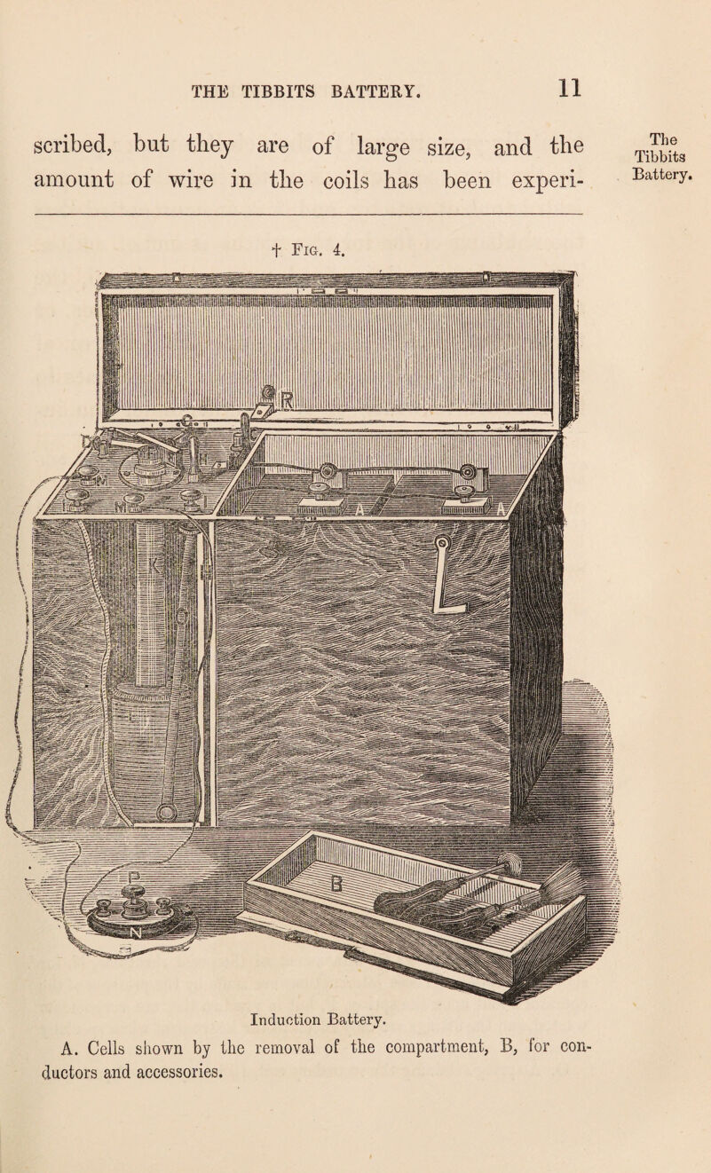 scribed, but they are of large size, and the amount of wire in the coils has been experi- The Tibbits Battery. t Fig. 4. Induction Battery. A. Cells shown by the removal of the compartment, B, for con¬ ductors and accessories.