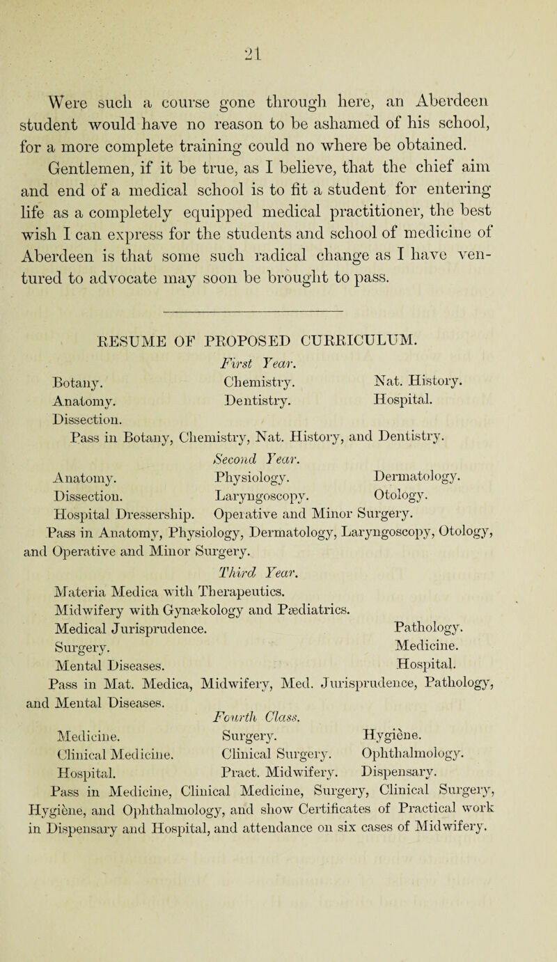 Were such a course gone through here, an Aberdeen student would have no reason to be ashamed of his school, for a more complete training could no where be obtained. Gentlemen, if it be true, as I believe, that the chief aim and end of a medical school is to lit a student for entering life as a completely equipped medical practitioner, the best wish I can express for the students and school of medicine ot Aberdeen is that some such radical change as I have ven¬ tured to advocate may soon be brought to pass. RESUME OF PROPOSED CURRICULUM. First Year. Botany. Chemistry. Nat. History. Anatomy. Dentistry. Hospital. Dissection. Pass in Botany, Chemistry, Nat. History, and Dentistry. Second Year. Anatomy. Physiology. Dermatology. Dissection. Laryngoscopy. Otology. Hospital Dressership. Operative and Minor Surgery. Pass in Anatomy, Physiology, Dermatology, Laryngoscopy, Otology, and Operative and Minor Surgery. Third Year. Materia Medica with Therapeutics. Midwifery with Gynsekology and Paediatrics. Medical Jurisprudence. Pathology. Surgery. Medicine. Mental Diseases. Hospital. Pass in Mat. Medica, Midwifery, Med. Jurisprudence, Pathology, and Mental Diseases. Fourth Class. Medicine. Surgery. Hygiene. Clinical Medicine. Clinical Surgery. Ophthalmology. Hospital. Pract. Midwifery. Dispensary. Pass in Medicine, Clinical Medicine, Surgery, Clinical Surgery, Hygiene, and Ophthalmology, and show Certificates of Practical work in Dispensary and Hospital, and attendance on six cases of Midwifery.